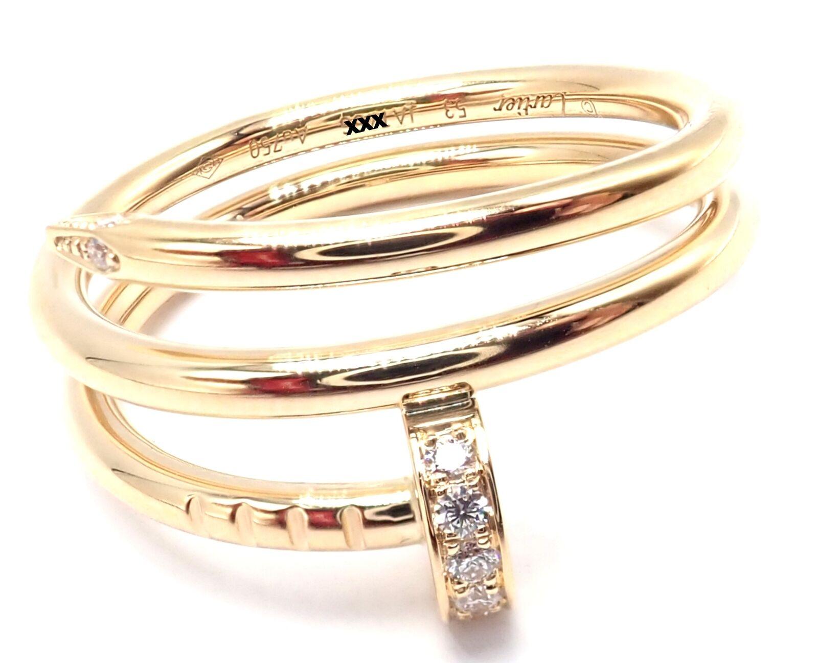 18k Yellow Gold Diamond Juste un Clou Nail Band Ring by Cartier.
With 14 brilliant cut diamond VVS1 clarity, E color total weight .08ct
This ring comes with service paper from Cartier store.
Details:
Size: Europe size 53, US size 6 1/4
Weight: 5.8