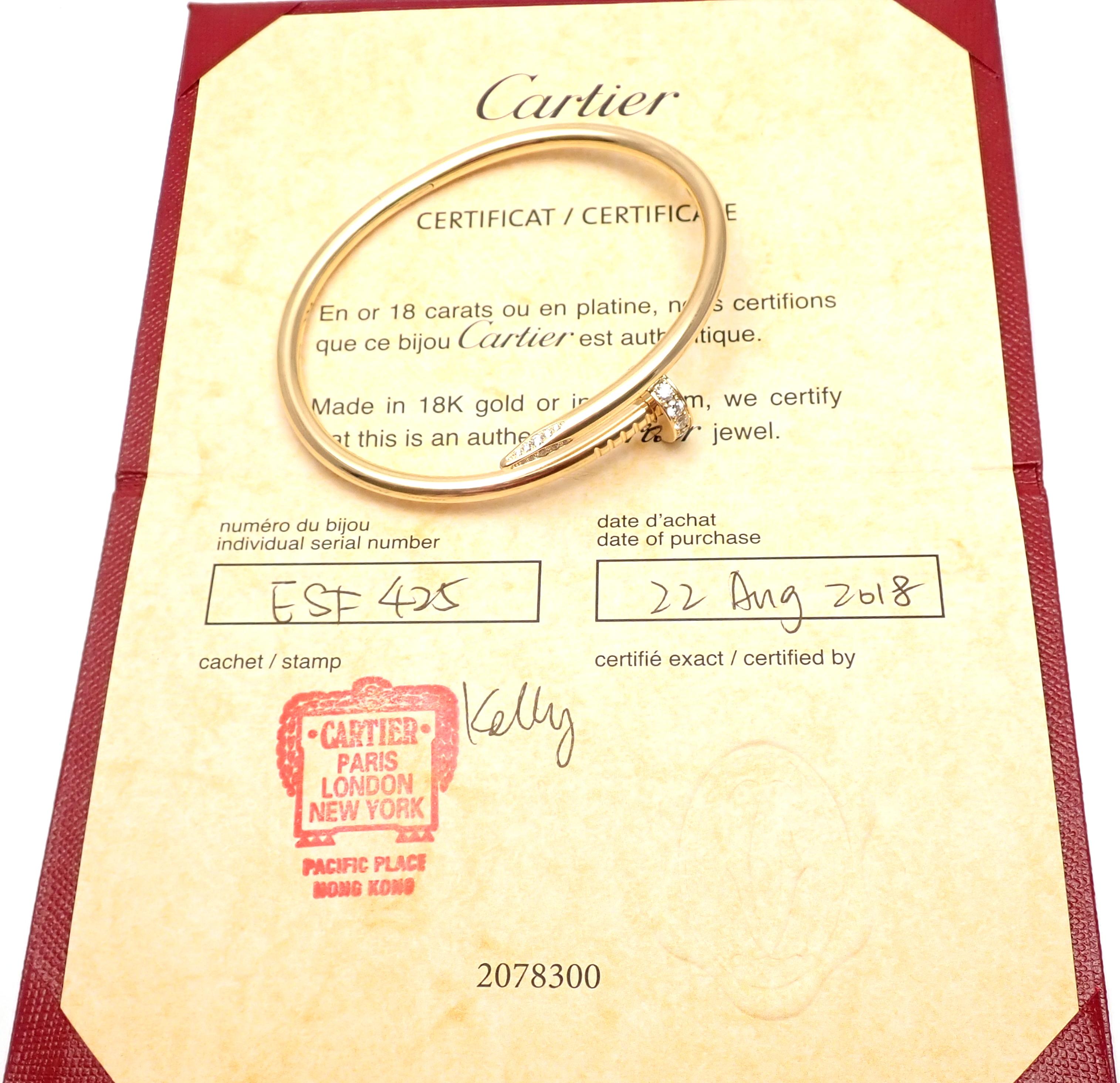 18k Yellow Gold Diamond Juste Un Clou Nail Bangle Bracelet Size 17 by CARTIER. 
This beautiful bracelet comes with its Cartier box and Cartier certificate.
With 32 round brilliant cut diamonds E color, VVS1 clarity total weight approx.