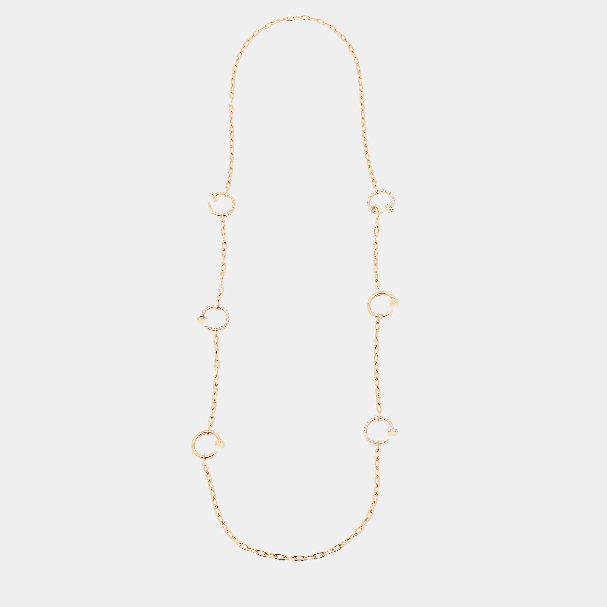 Cartier's Juste Un Clou collection breathes every bit of elegance and grace into its wearer. An ornate piece coming from this signature line, this Juste Un Clou necklace is sculpted from 18k Rose Gold and encrusted with a diamond-studded pendant.

