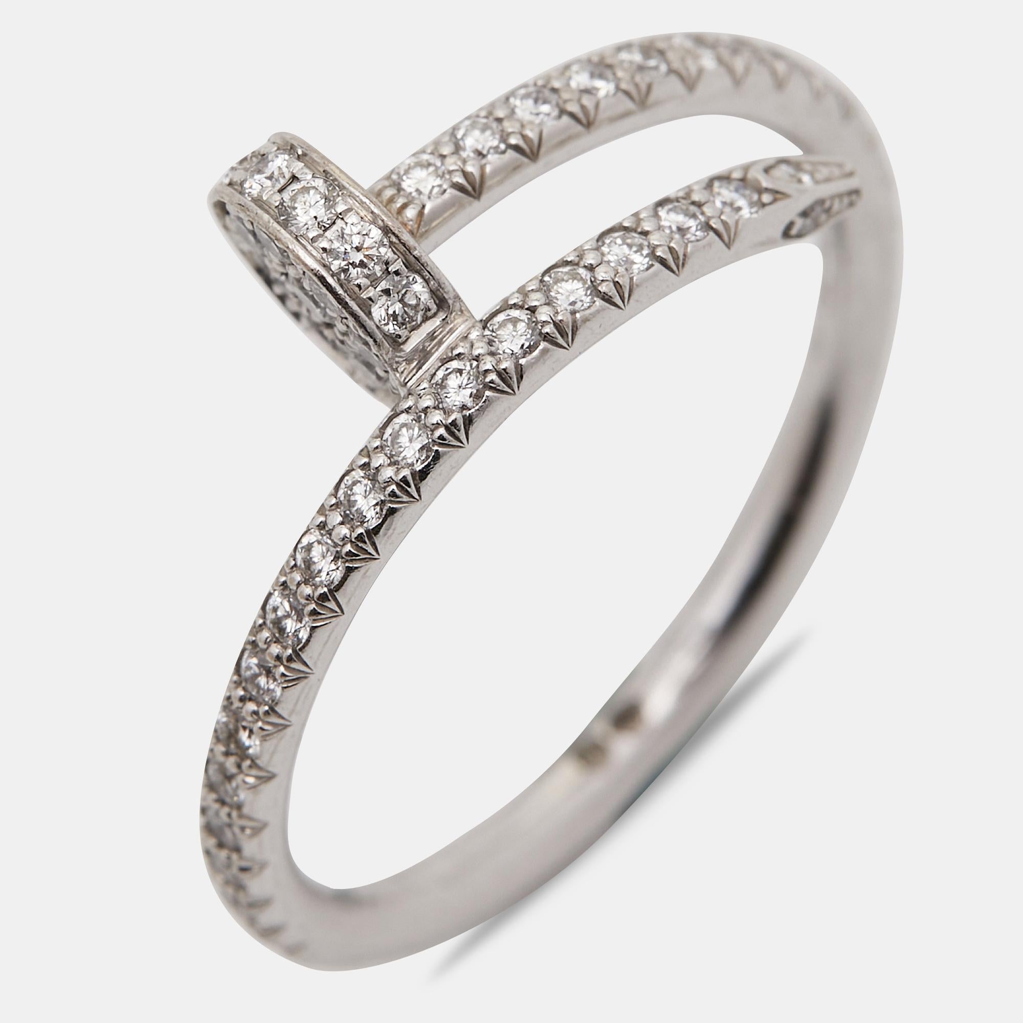 Crafted by Cartier, the Juste Un Clou ring exudes elegance and refinement. Its sleek design seamlessly merges modernity with luxury, featuring dazzling diamonds set in lustrous 18k white gold. A testament to timeless beauty, this ring elevates any