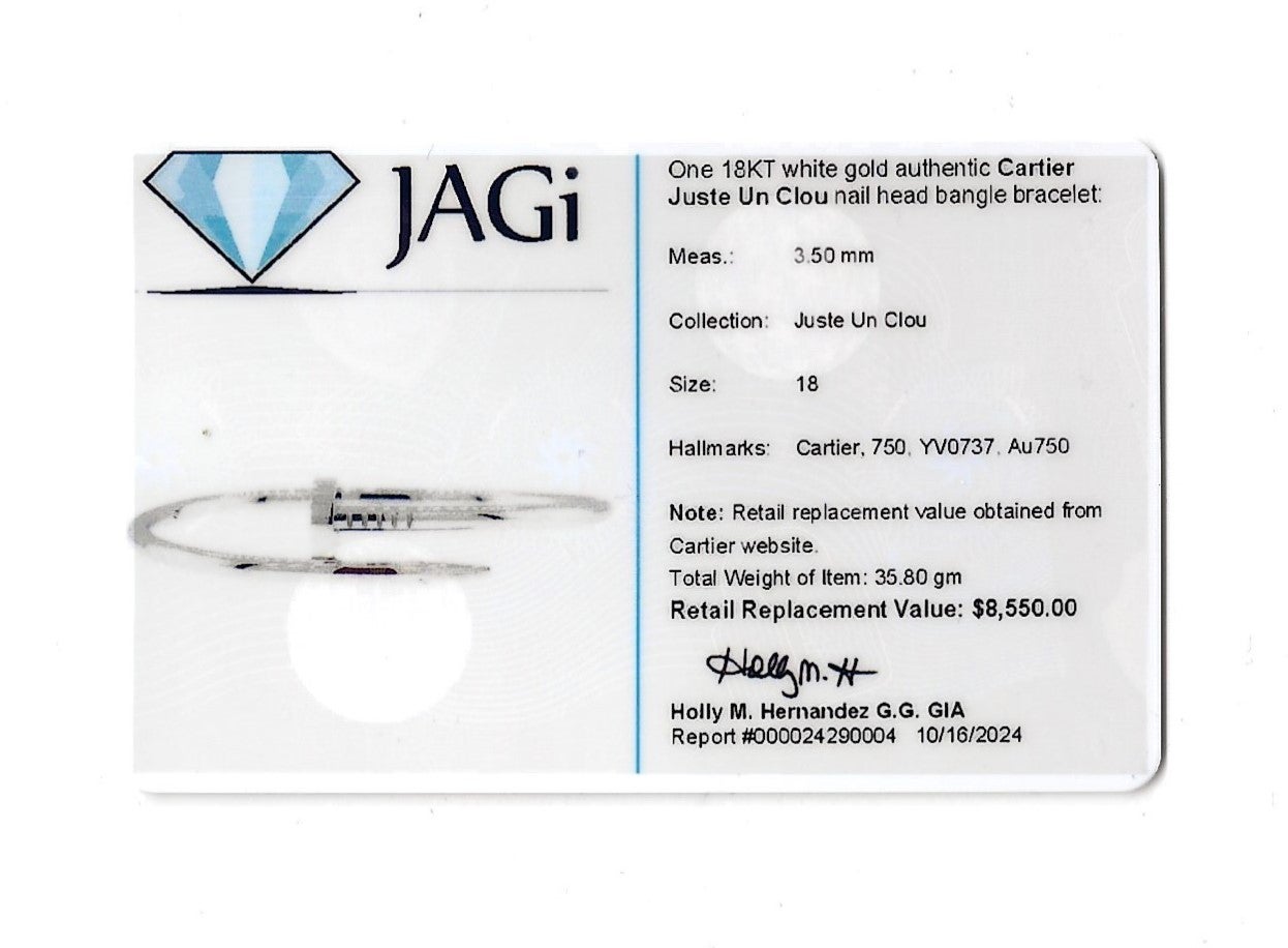 Cartier Juste Un Clou Bracelet jonc à charnières en or blanc 18 carats, taille 18 en vente 8