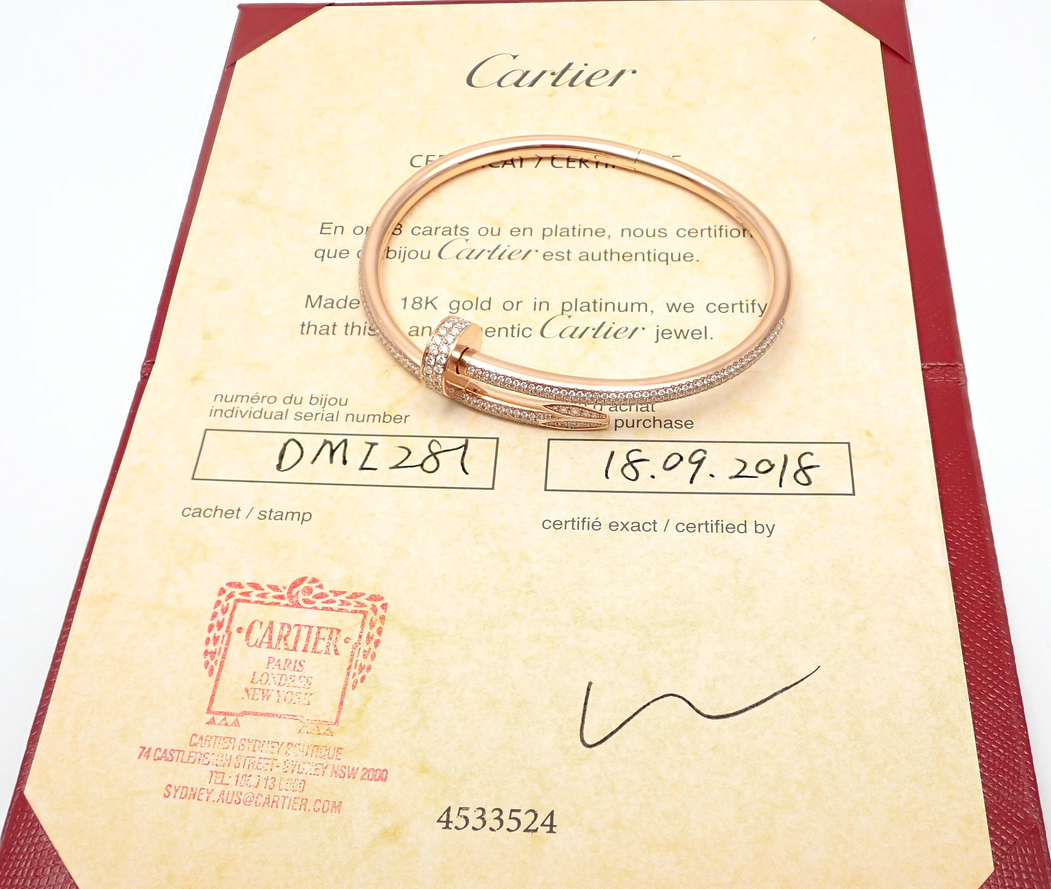 18k Rose Gold 2.26ct Diamond Juste Un Clou Nail Bangle Bracelet Size 17 by CARTIER. 
This bracelet comes with a Cartier certificate of authenticity and Cartier box.
Retail Price: $43,600
Details:
Size: 17
Weight:  33.9 grams
Width:  15mm
Stamped
