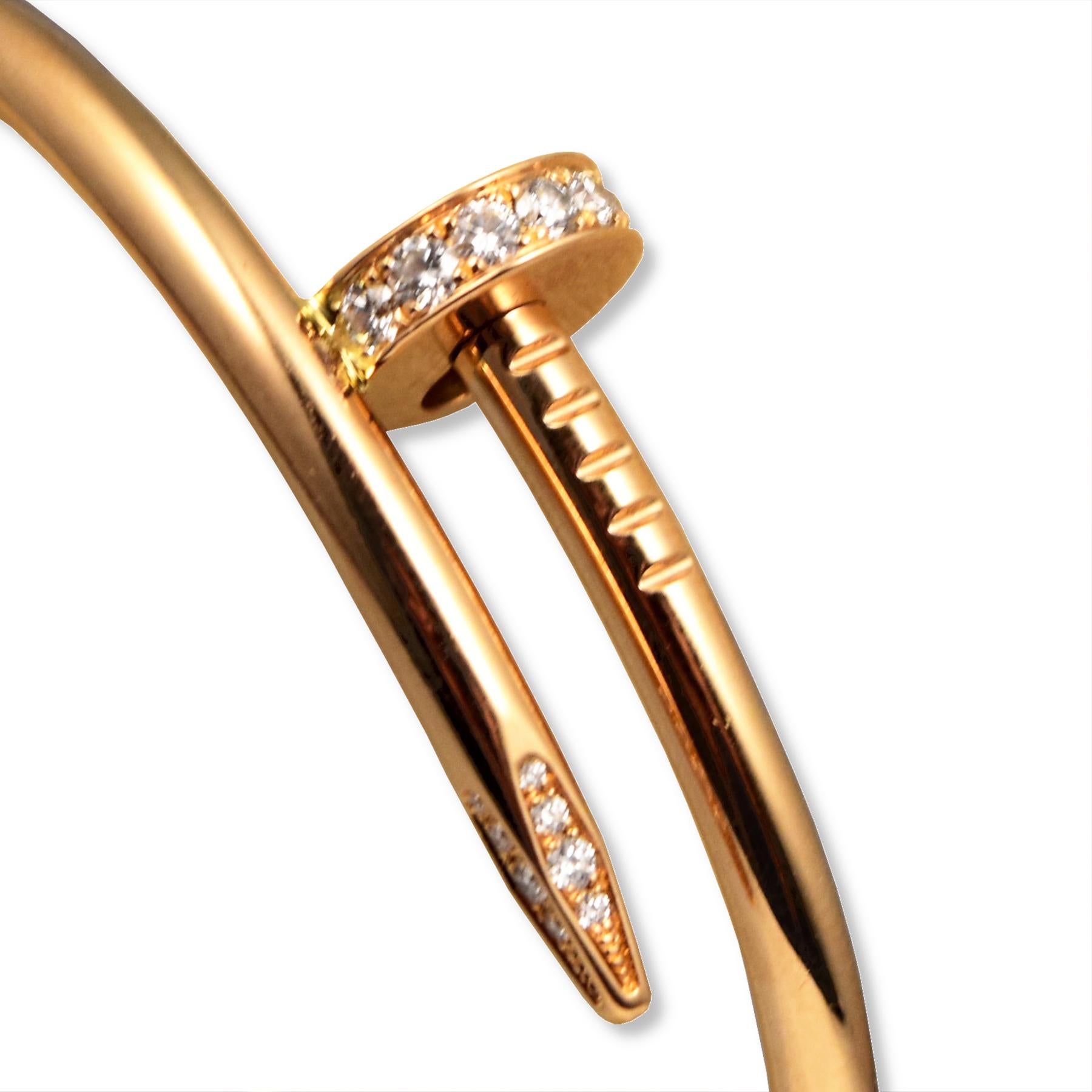 Designer: Cartier

Collection: Juste Un Clou “Nail” 

Style: Bracelet 

Metal: Rose Gold

Metal Purity: 18k

Stone: Round Cut Diamonds

Bracelet Size: 15 ( fits size 16 love)

Signature: Cartier

Hallmarks: Cartier; 15

Includes:  24  Months