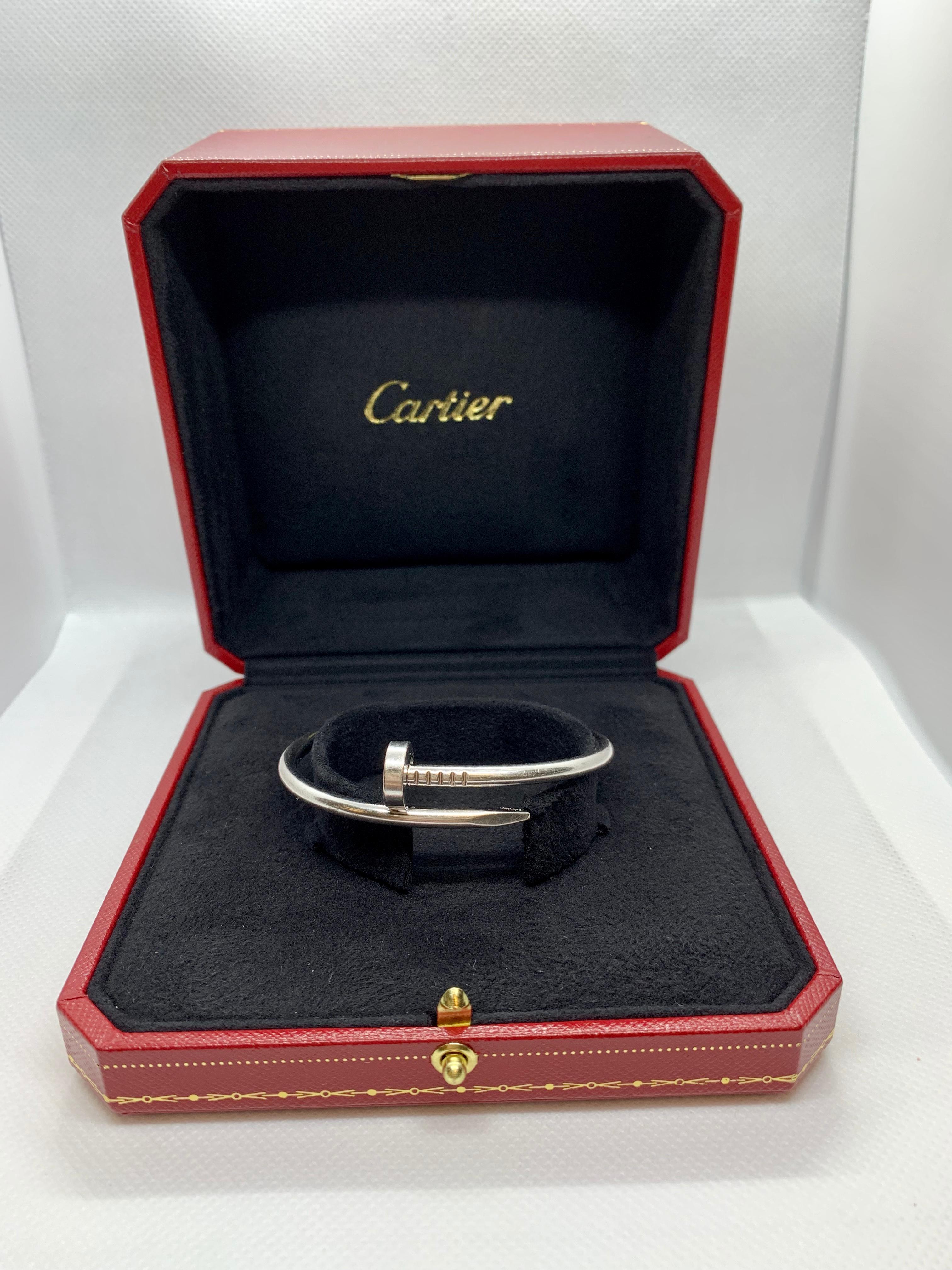 Gorgeous Cartier Juste Un Clou Bracelet! This piece is made in 18K White Gold, is a size 16 and has original Cartier Box and Papers. The weight is 34.0 Grams and Serial # Bel152. Retail for this piece is $7300 plus tax. Please see below the product