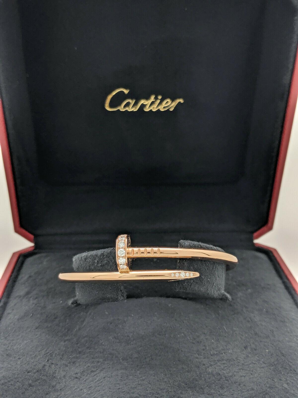 You are viewing an Authentic Juste un Clou Bracelet in 18K Rose Gold size 16 that was just purchased in March 2019 and never worn!!
Designer:  Cartier
Collection: Juste un Clou
Material: Rose Gold
Metal Purity: 18k
Diamonds: 32 Round Brilliant Cut