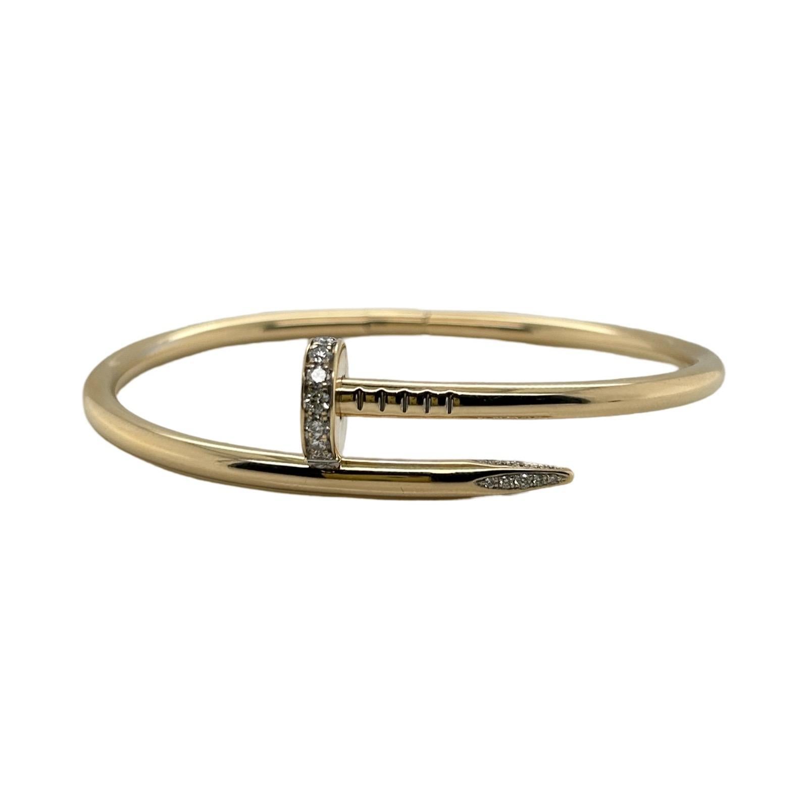 Créateur : Cartier

Collectional : Juste Un Clou

Style : Bracelet

Métal : Or jaune 18k

Taille du bracelet : 17

Poinçons : Cartier ; 750, 17, Numéro de série

Pierre : Diamants d'usine Cartier

Comprend : 24 mois de garantie Brilliance