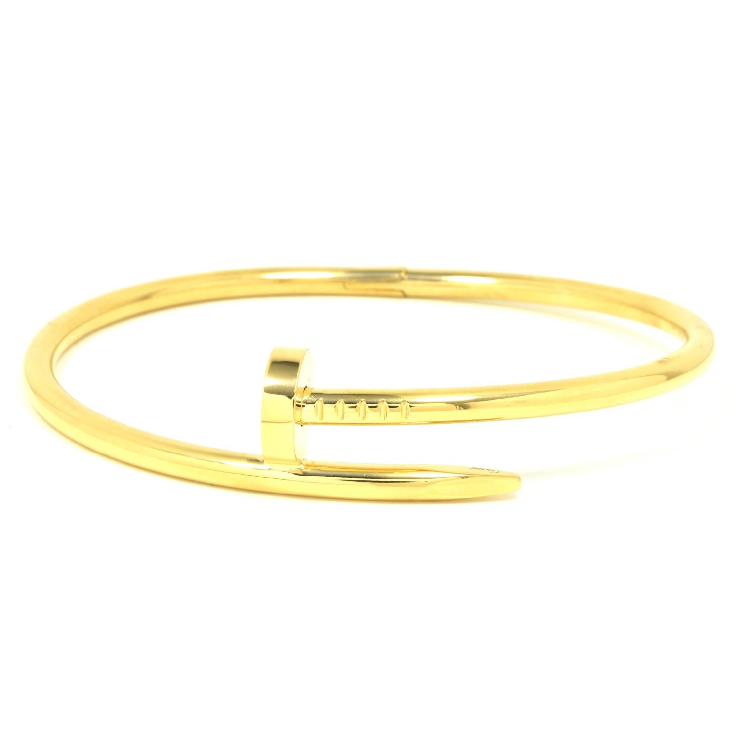 Designer: Cartier

Collection: Juste un Clou “NAIL”

Style: Bangle/Bracelet

Metal: Yellow Gold

Metal Purity: 18k

Bracelet Size:  19 = 19 cm

Screw Style: New Style (Botton)

Signature: Cartier

Hallmarks: Cartier; AU750 ; Serial No.;