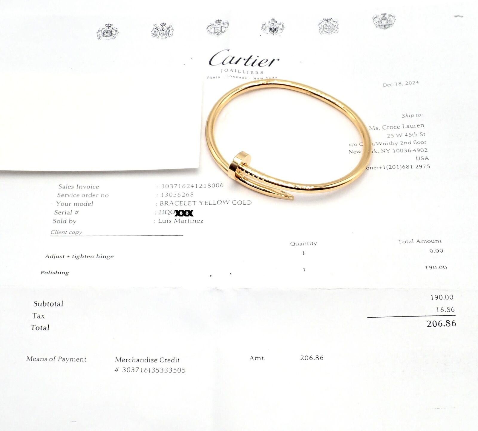 Cartier Juste Un Clou Nail Bracelet jonc en or jaune taille 17 en vente 1