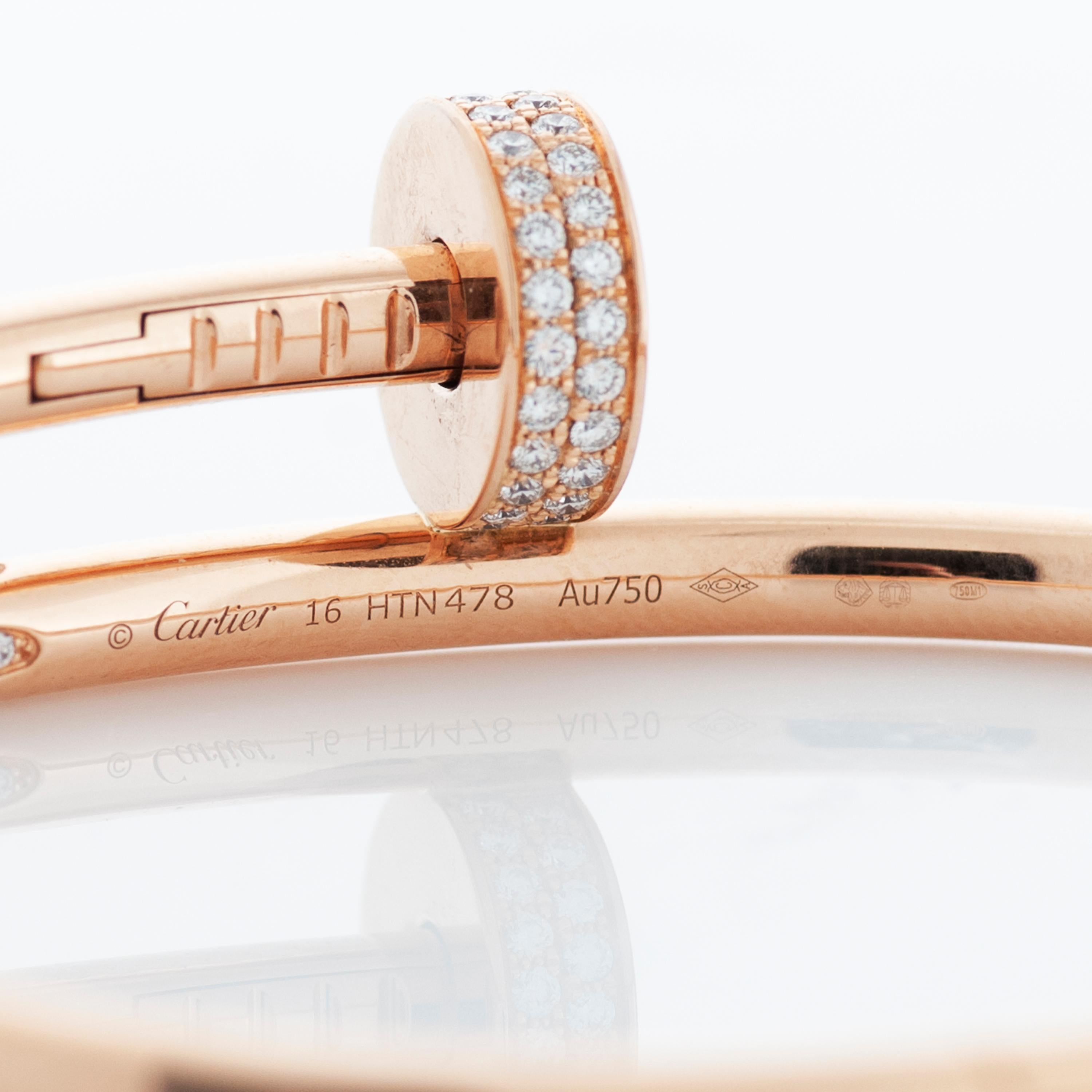 Round Cut Cartier Juste Un Clou Pave Diamond Nail Bangle Bracelet in 18k Rose Gold w/ Box For Sale
