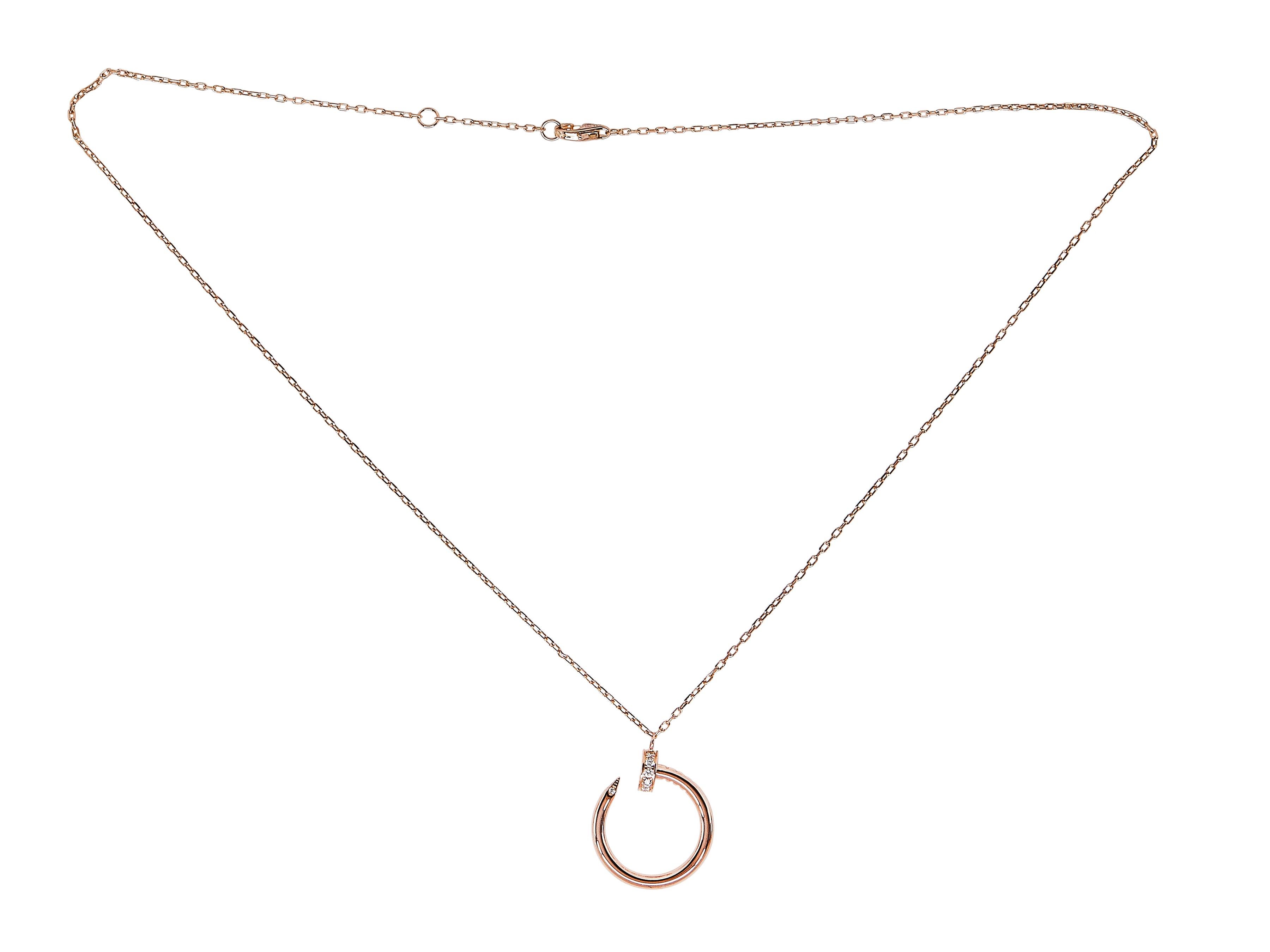 The necklace: A Cartier Juste un Clou pendant necklace in eighteen karat rose gold, set with round brilliant cut diamonds.

Accompanied by…
Original box
Service paper

The necklace is in excellent condition, with only a few minor scratches that are
