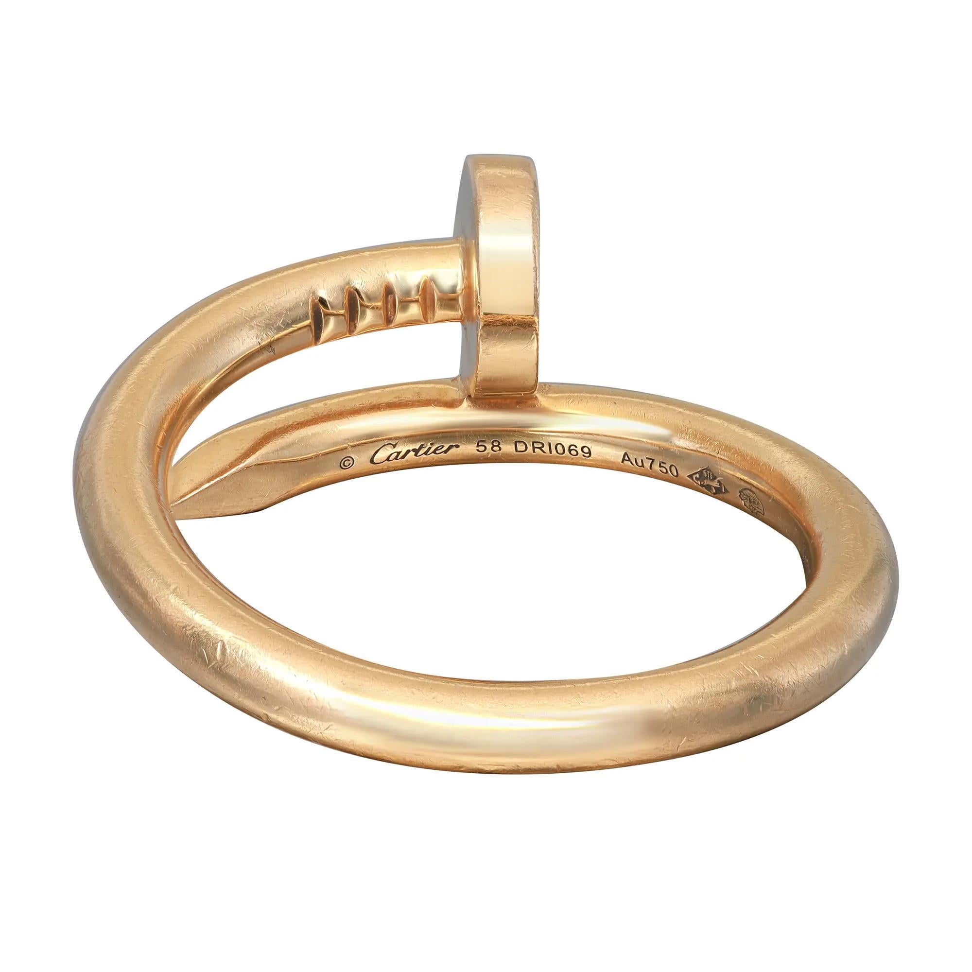 Cartier Juste un Clou ring, crafted in 18K yellow gold. Width: 2.65 mm. Ring size 58 US 8. Total weight: 8.03 grams. Excellent preowned condition. Original box and paper are not included. Comes with Chronostore appraisal and a presentable gift box. 