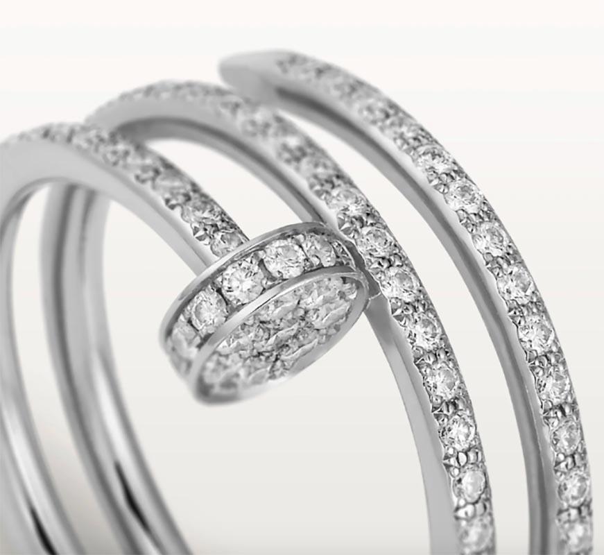 Collection: Juste Un Clou

Brand: Cartier

Metal: White Gold 

Metal Purity: 18K

 Stones: 77 Brilliant Cut Diamonds

Total Carat Weight: approx.0.59 ct

Ring Size: 56 

Includes:   24 Month Brilliance Jewels Warranty 

                   Cartier