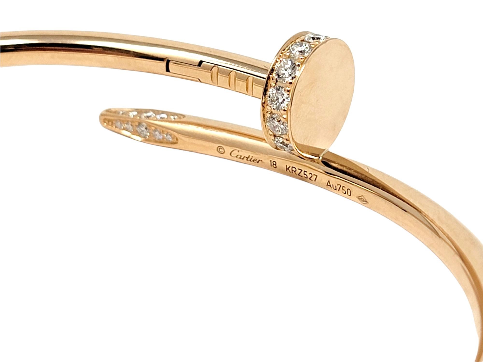 Round Cut Cartier Juste un Clou Rose Gold Hinged Bangle Bracelet with Diamonds For Sale