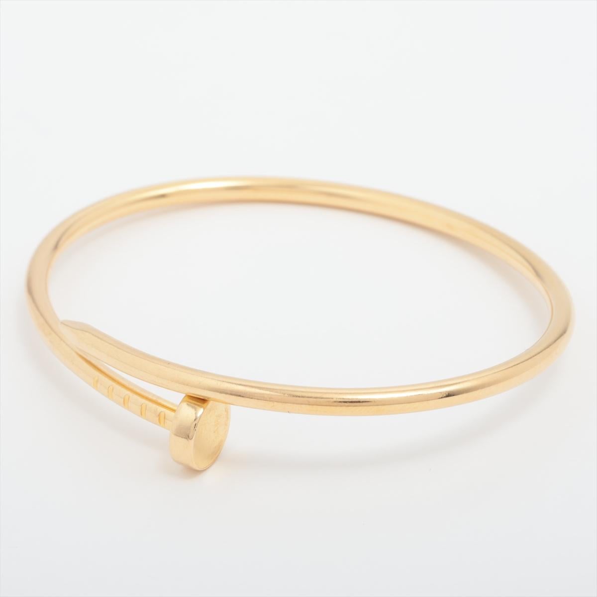 Brand : Cartier
Description: Cartier Juste un Clou SM Bracelet 
Metal Type: 750 (YG) /  Yellow Gold
Total Weight: 8.9g
Size: 15
Width: 2.5mm
Condition: Preowned; small signs of wearing
Box -  Not Included
Papers -  Not Included

