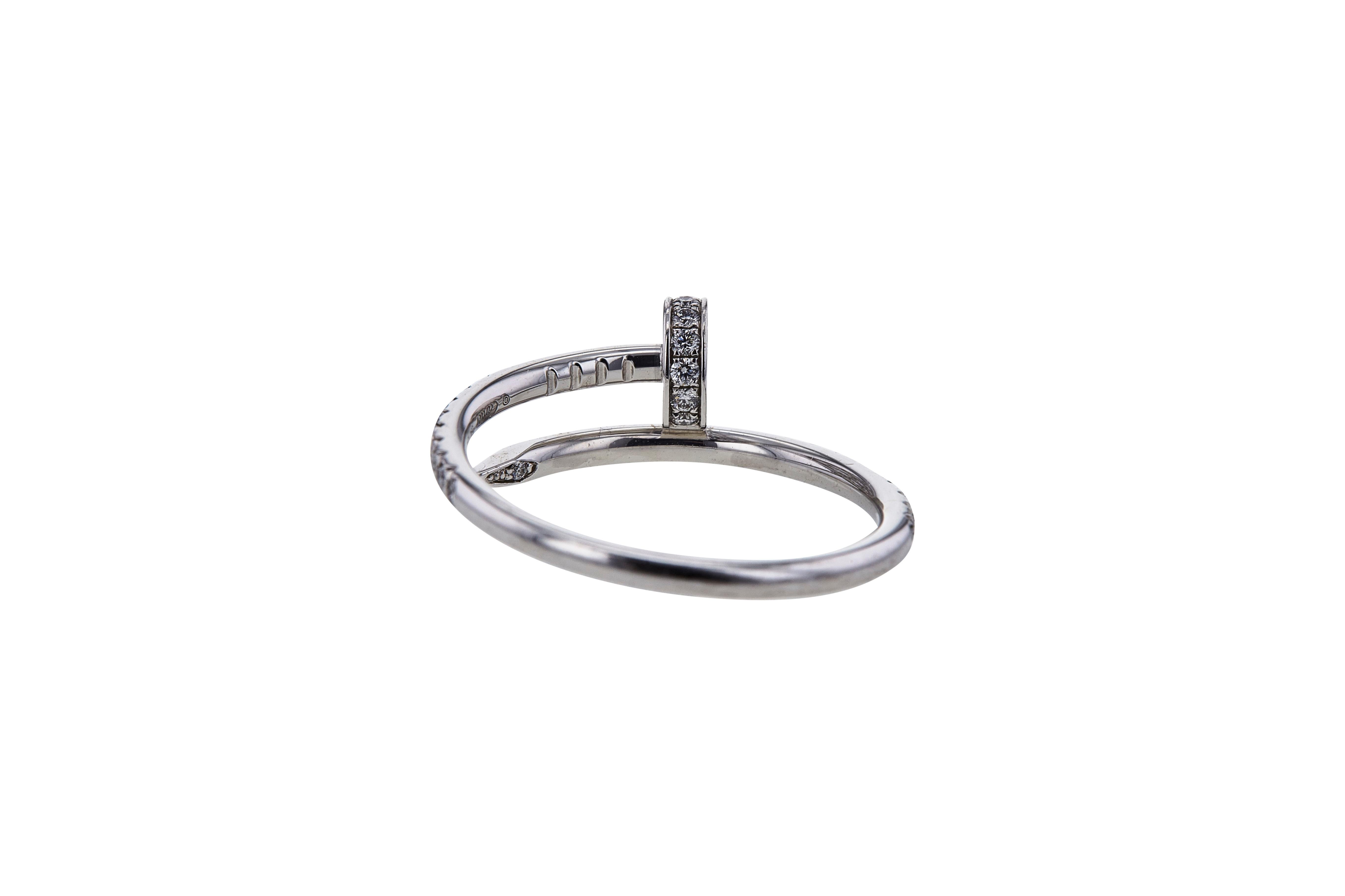 Round Cut Cartier 'Juste Un Clou' White Gold and Diamond ring. Size 54 For Sale