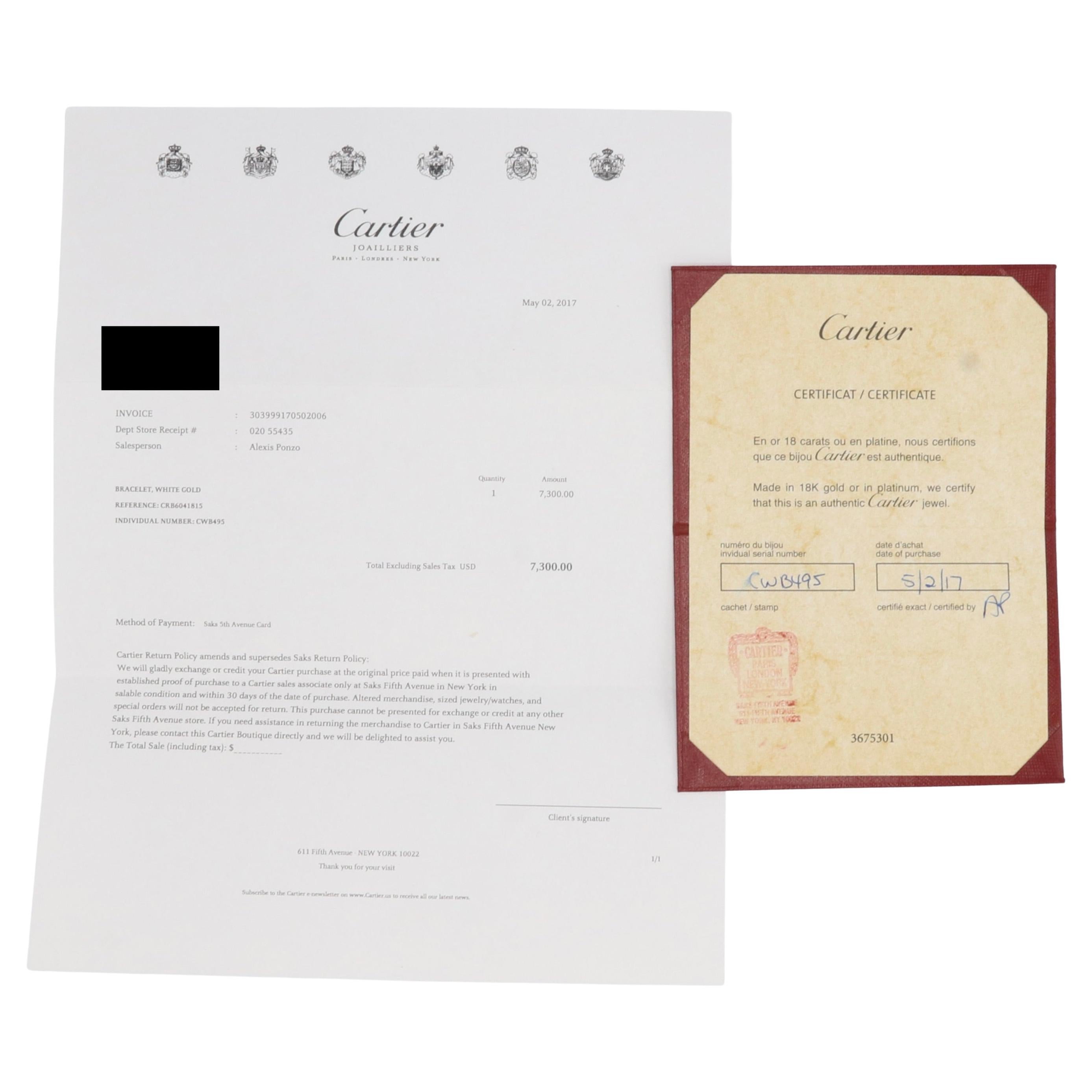 Cartier Juste Un Clou Or Blanc Modèle Classique Bracelet Clou Boîte & Papiers en vente 2