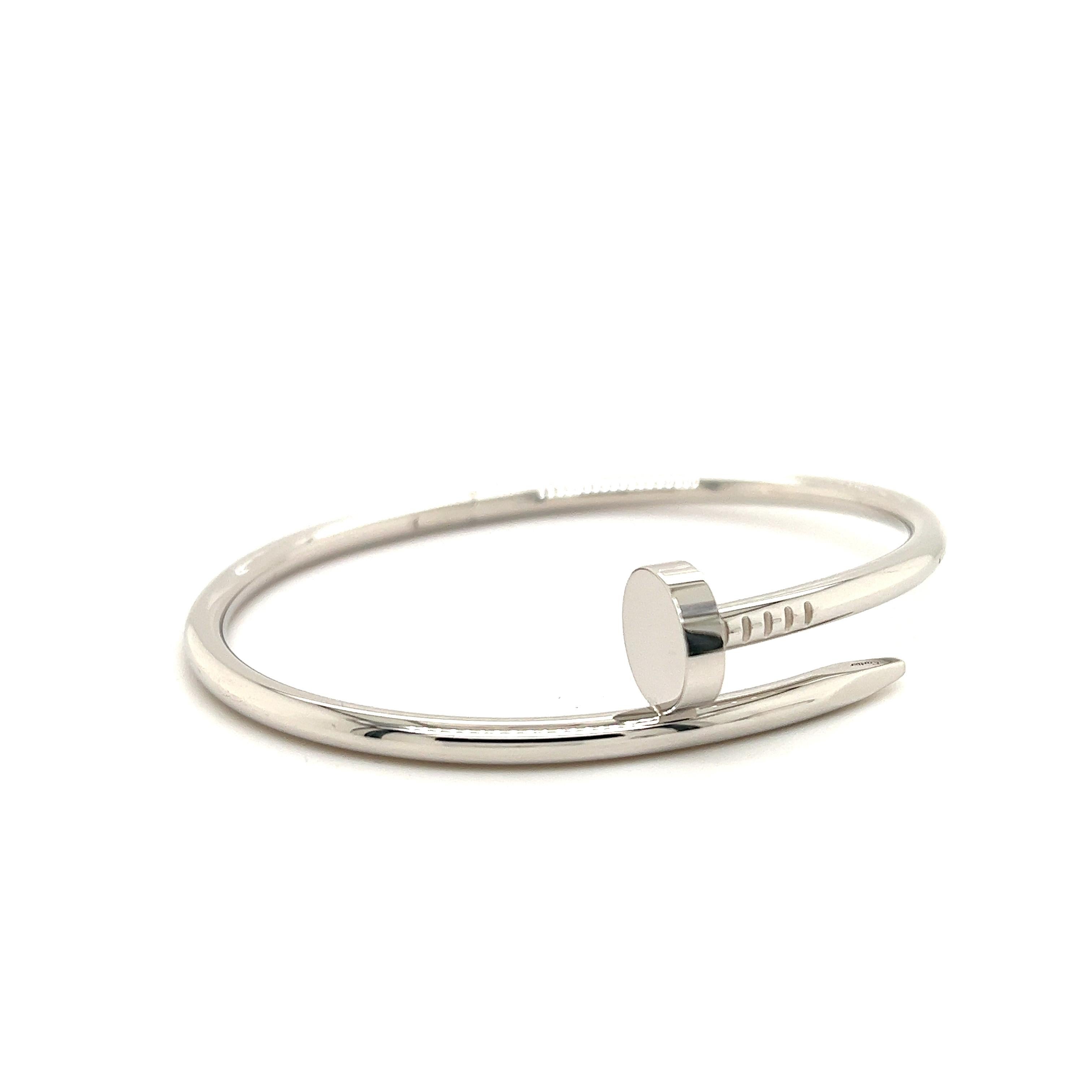 Iconic design from Cartier. This classic Juste Un Clou bracelet is crafted in 18k white gold with a rhodium-finish. The bracelet is a size 18 and has a 3.5 mm width. The bracelet is NEW as it was purchased on June 11, 2022. The bracelet retails for
