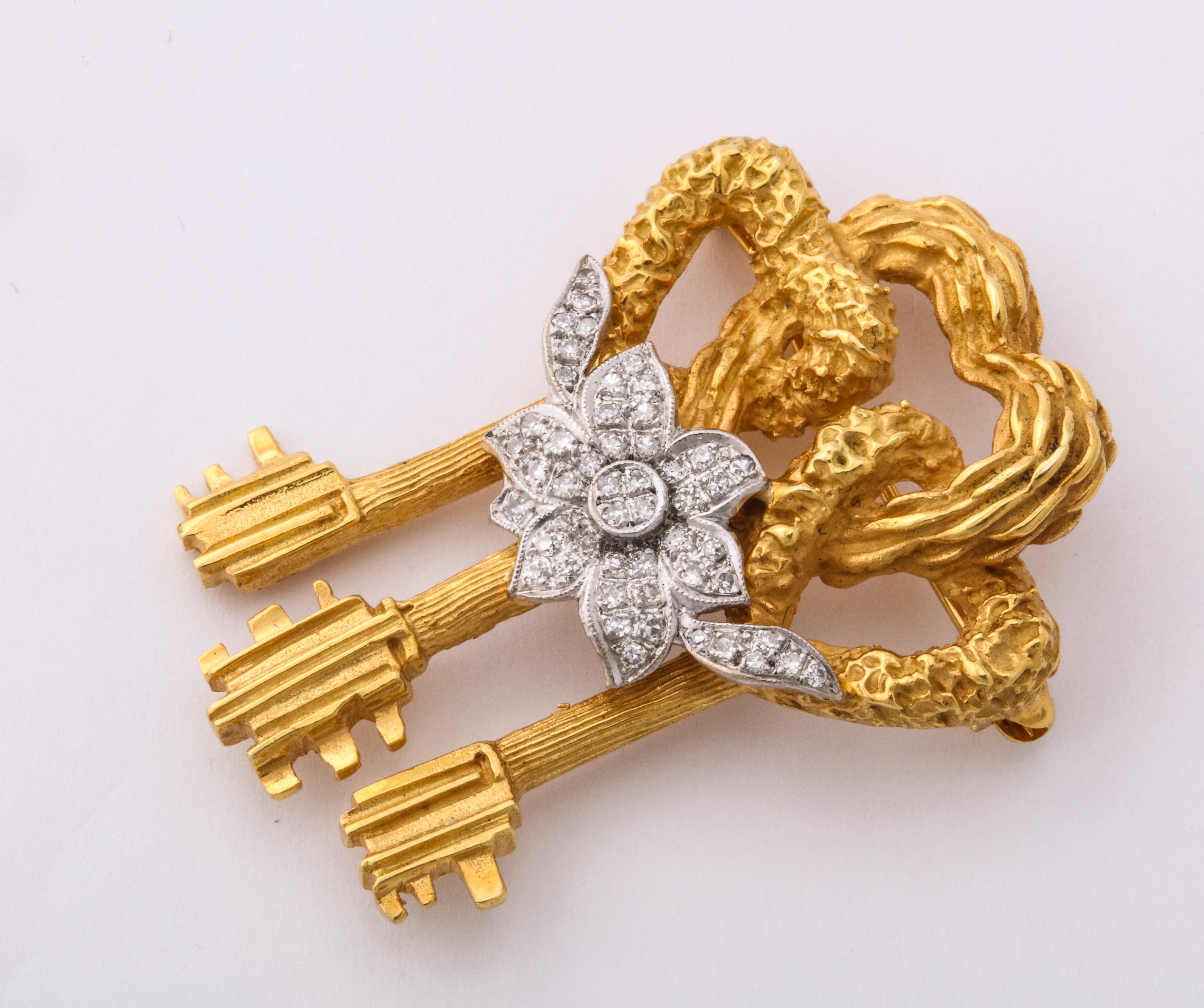 A Cartier Key to My Heart Brooch

A beautiful gold and diamond pin made by Cartier depicting three intertwined heart keys held together by a magnificent diamond flower.

Signed Cartier

18 karat gold


Depicted in full page spread in the 