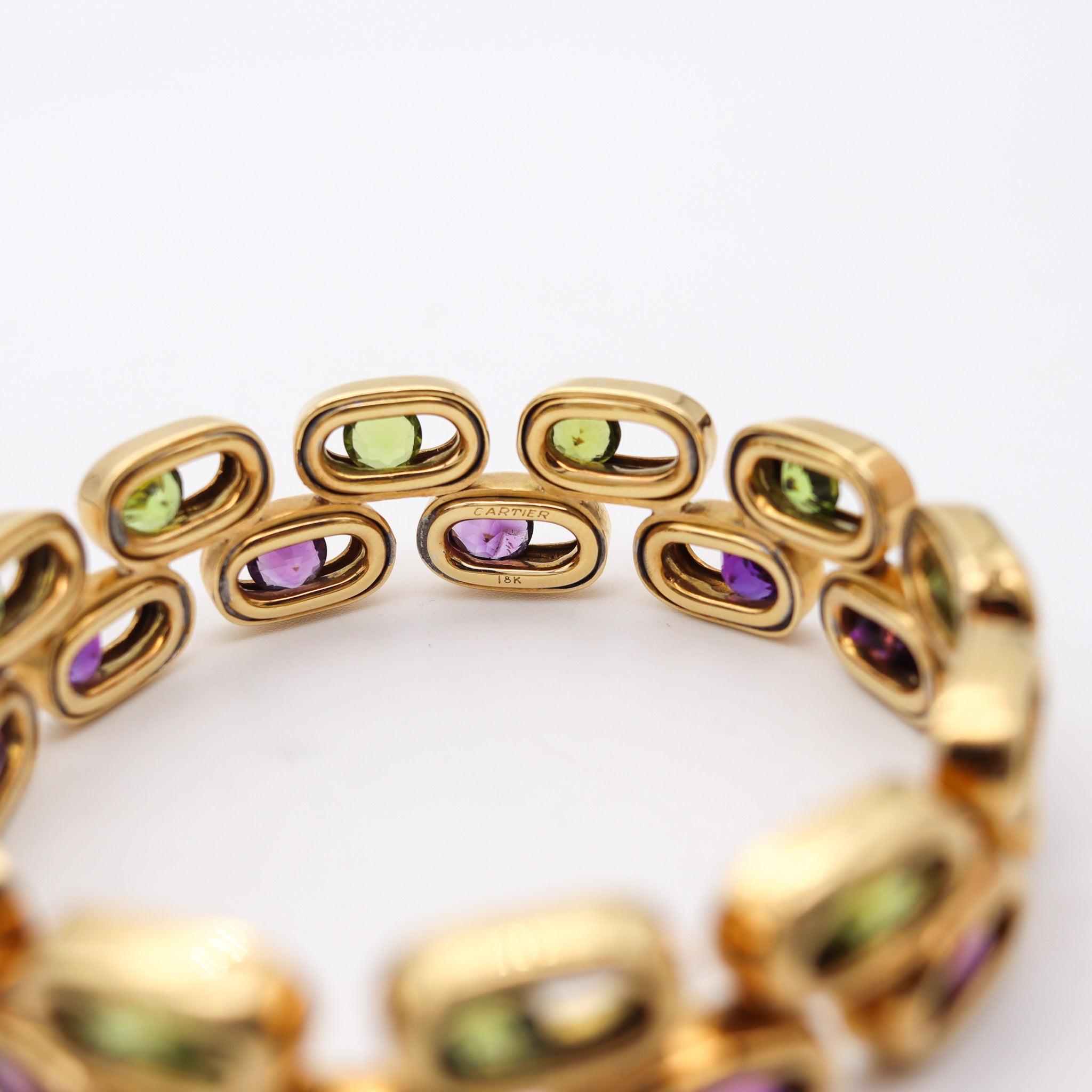 Round Cut CARTIER Kinetic Geometric Bangle In 18Kt Yellow Gold With Peridots & Amethystes For Sale