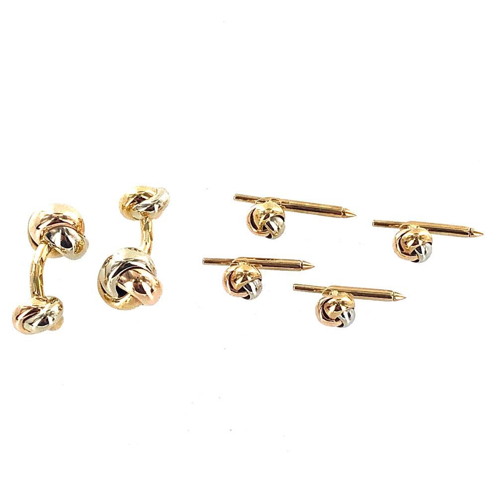 Cartier Knot Cufflink Stud Set 18 Karat Tri-Color Gold Box and Papers In Good Condition In Boca Raton, FL