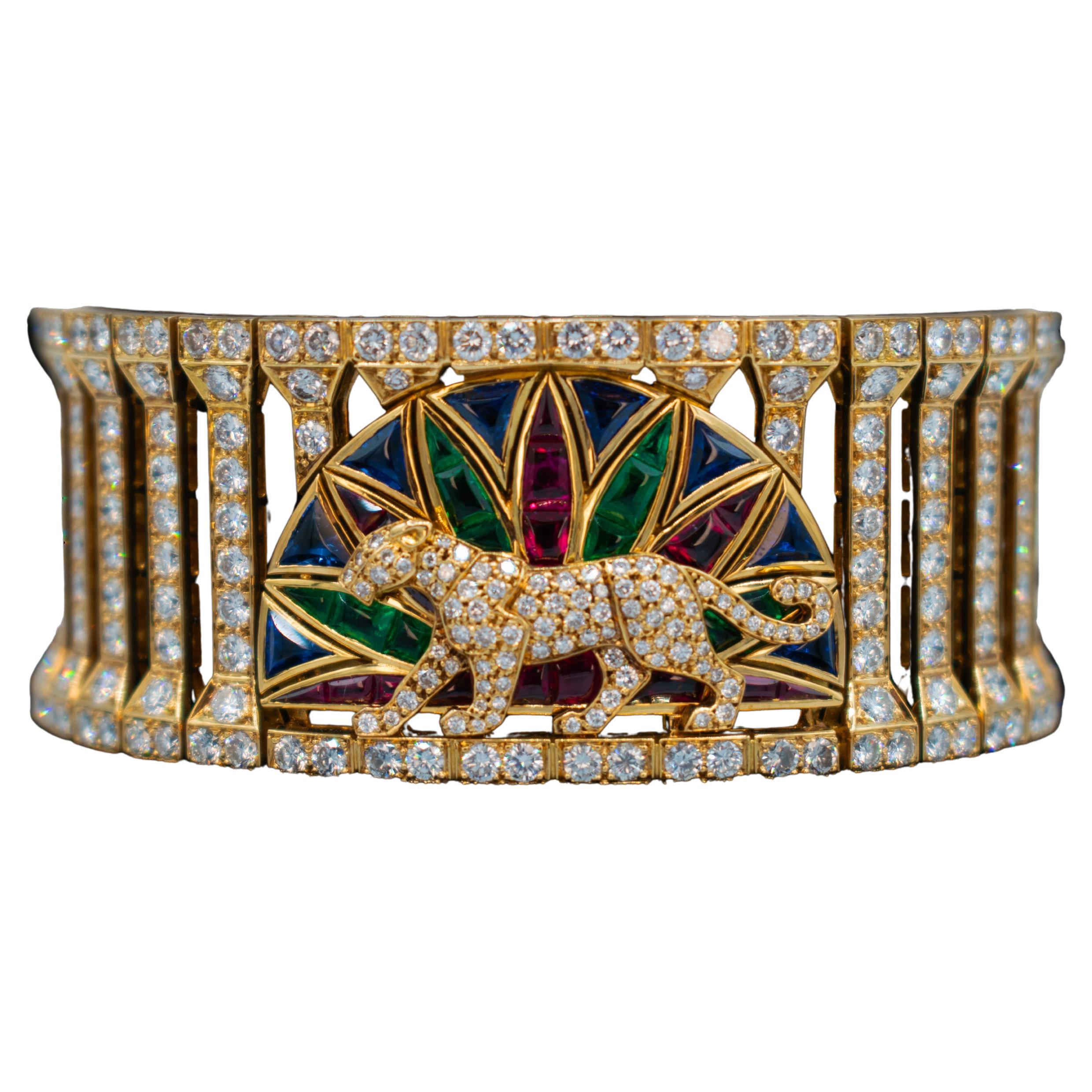 Bracciale "Panthere" di Cartier in oro, pietre colorate e diamanti. in vendita