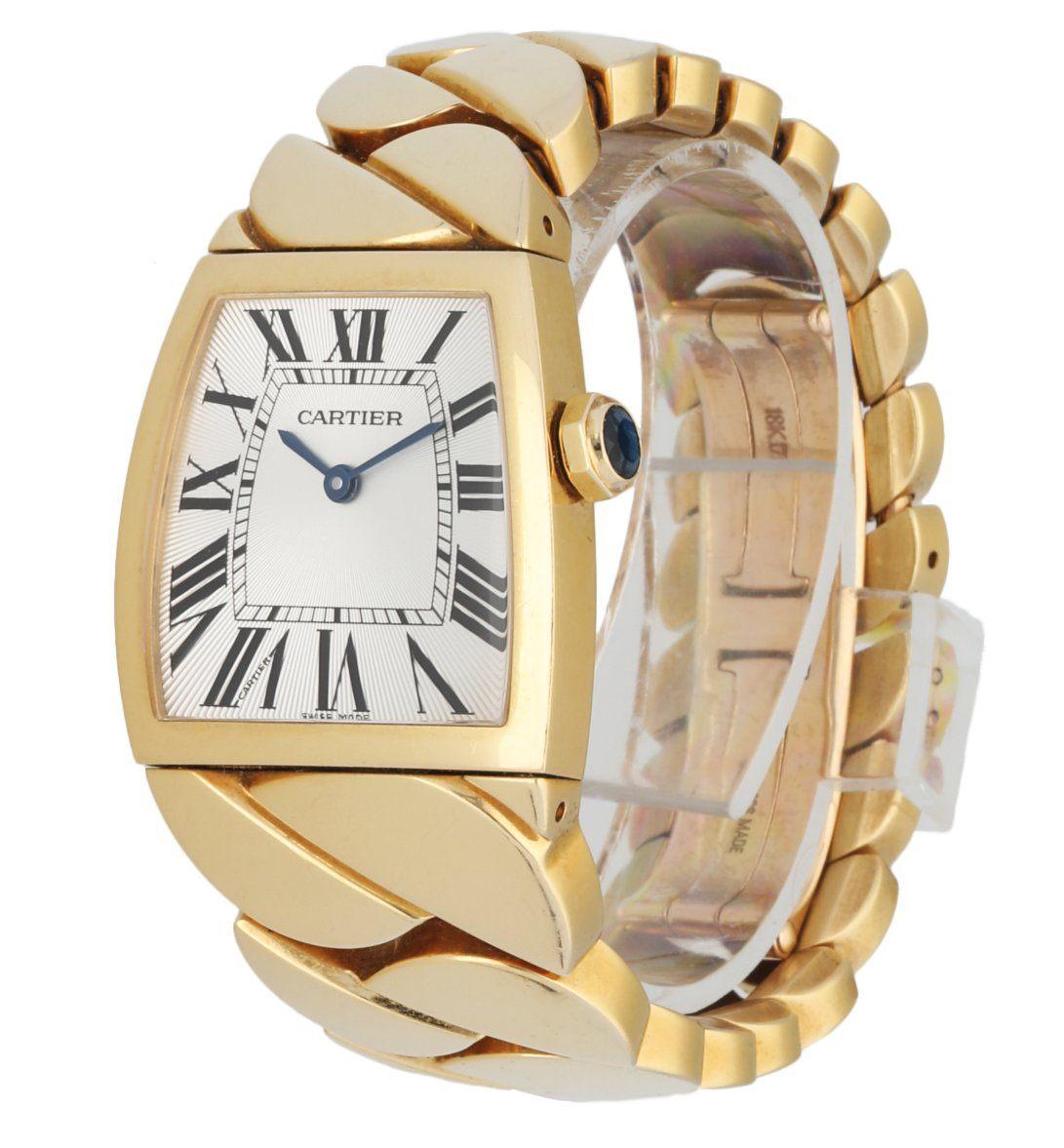 Cartier La Dona 2836 Ladies Watch. 28mm (at the widest point) 18K yellow gold case withÂ 18K yellow gold bezel.Â Silver dial with blue steel hands andÂ Roman numeral hour markers. Minute markers on the inner dial. 18K yellow gold bracelet withÂ 18K