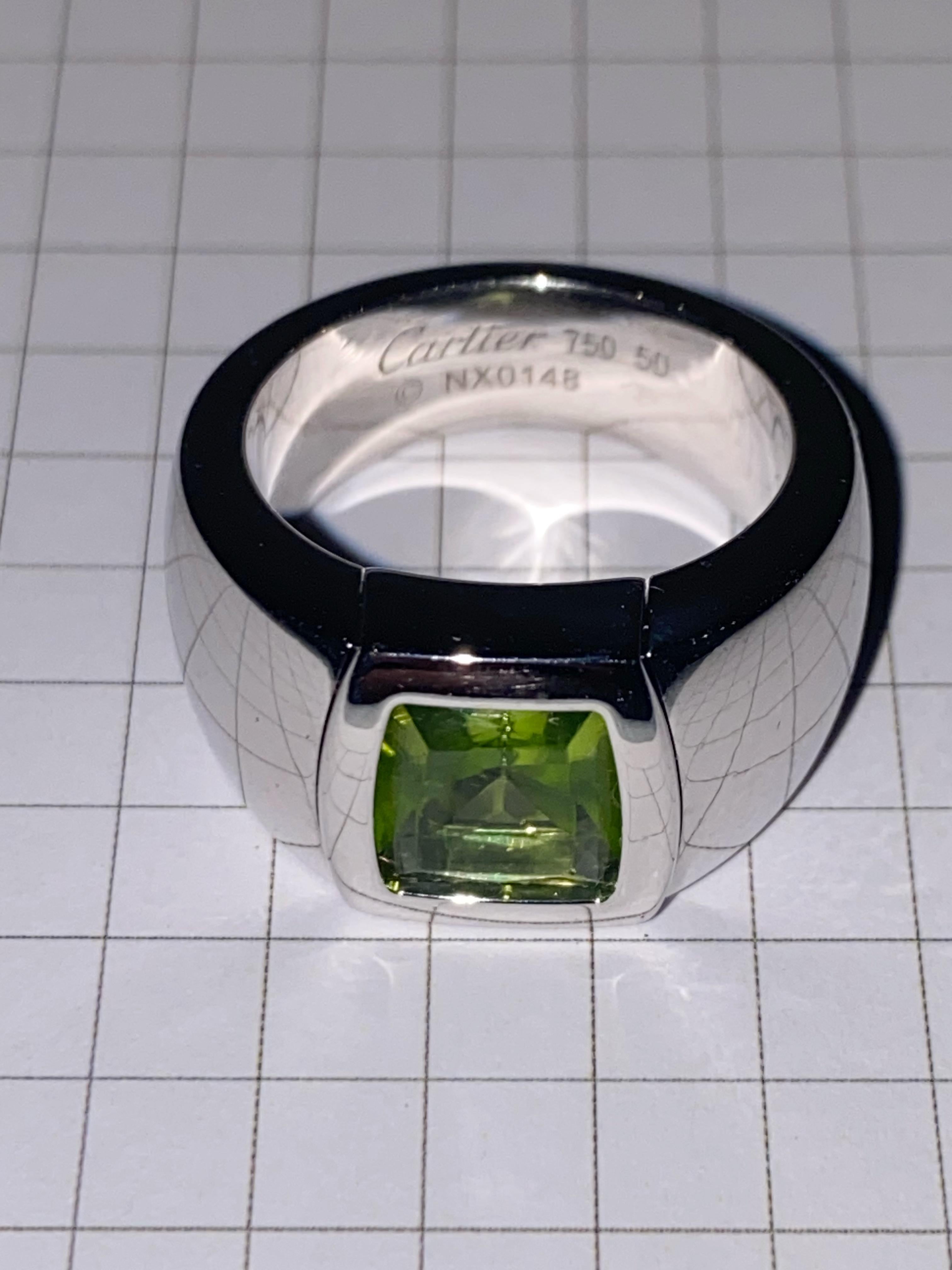 Cushion Cut Cartier La Dona 3.00ct Cushion Peridot 18K 750 White Gold Cocktail Ring. Size 50 For Sale