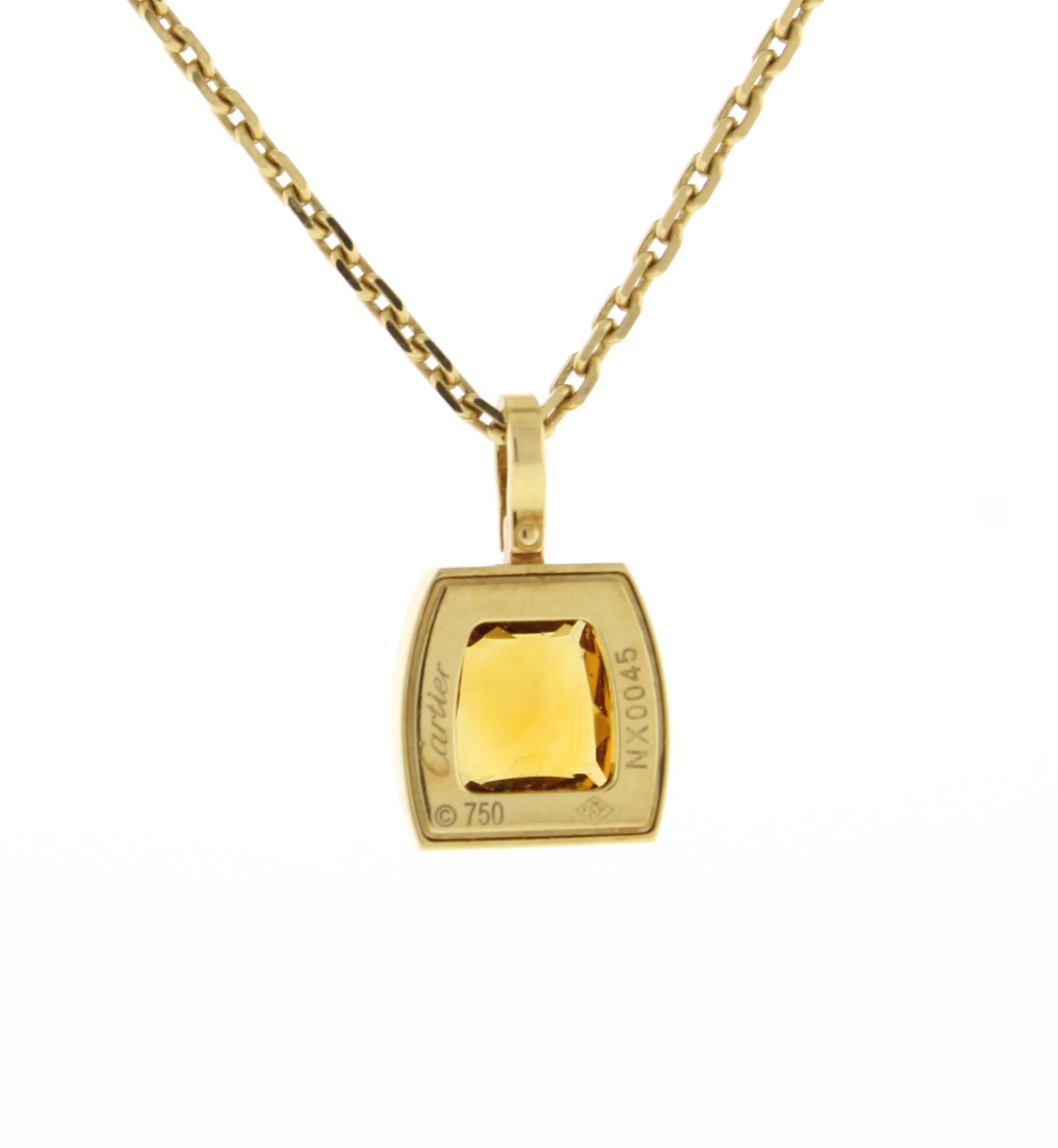 From  Cartier's  La Dona collection, thier La Dona Citrine Pendant.
♦ Designer: Cartier 
♦ Metal: 18 karat
♦ Citrine pendant 10.8mm wide 
♦ 16 inch chain
♦ Circa early 2000s
♦ Packaging: Cartier presentation box with certificate
♦ Condition: