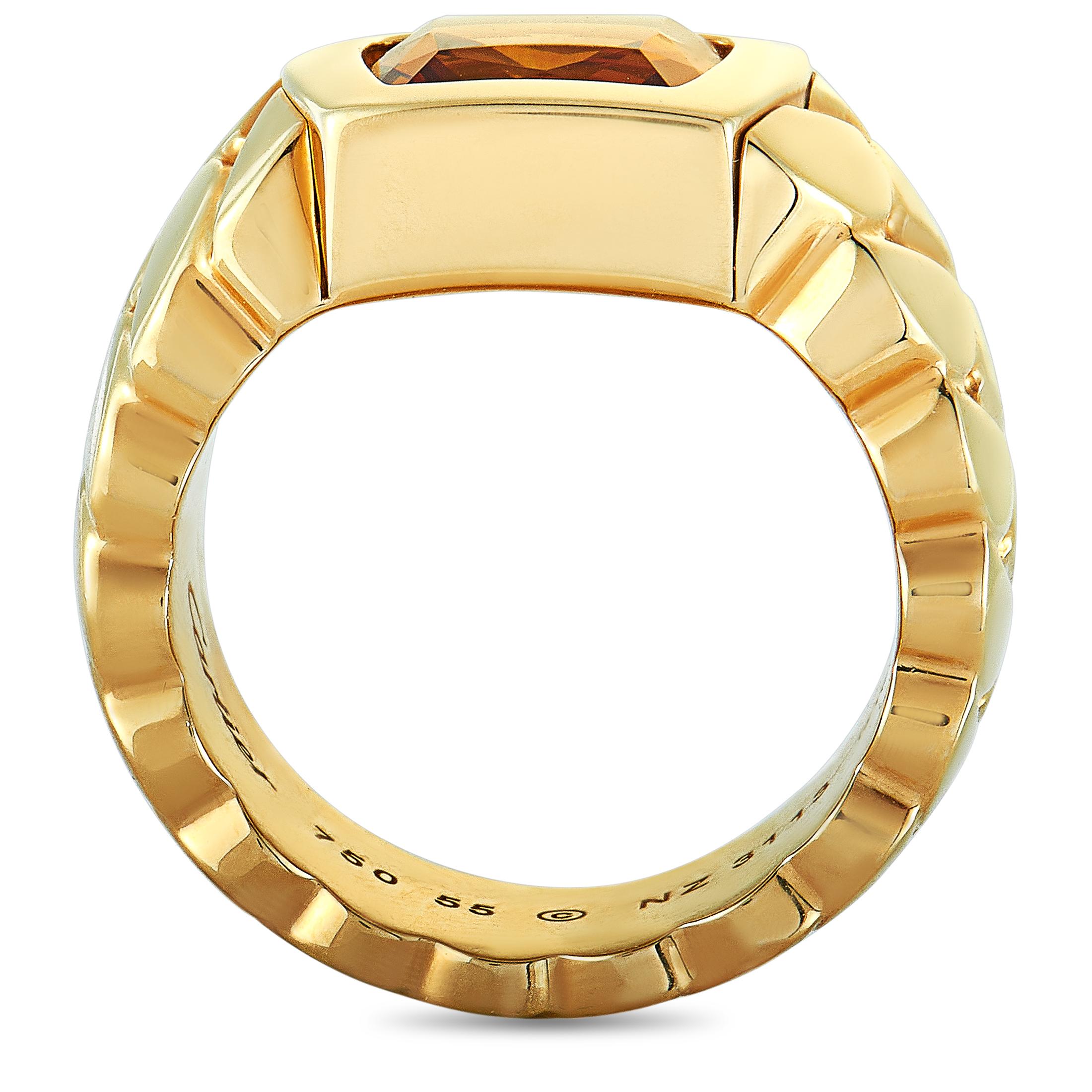 The Cartier “La Dona” ring is crafted from 18K yellow gold and set with a citrine. The ring weighs 33.6 grams, boasting band thickness of 9 mm and top height of 6 mm, while top dimensions measure 15 by 15 mm.

This jewelry piece is offered in estate