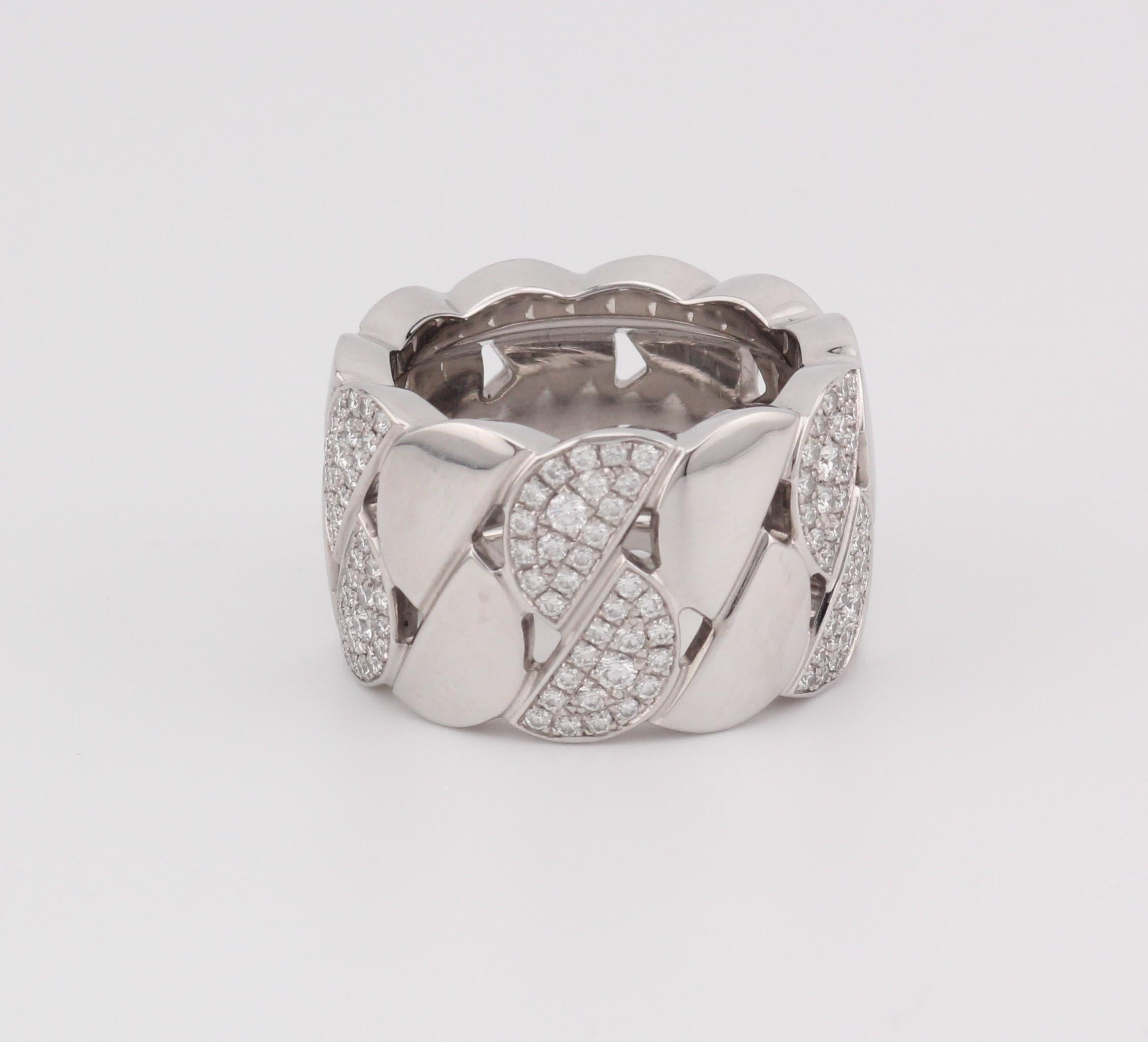 The Cartier La Dona Ring XL in white gold with diamonds is an extraordinary piece that showcases Cartier’s refined artistry and bold design. Crafted from 18k white gold, the ring’s sleek, sculptural form draws inspiration from the iconic Cartier