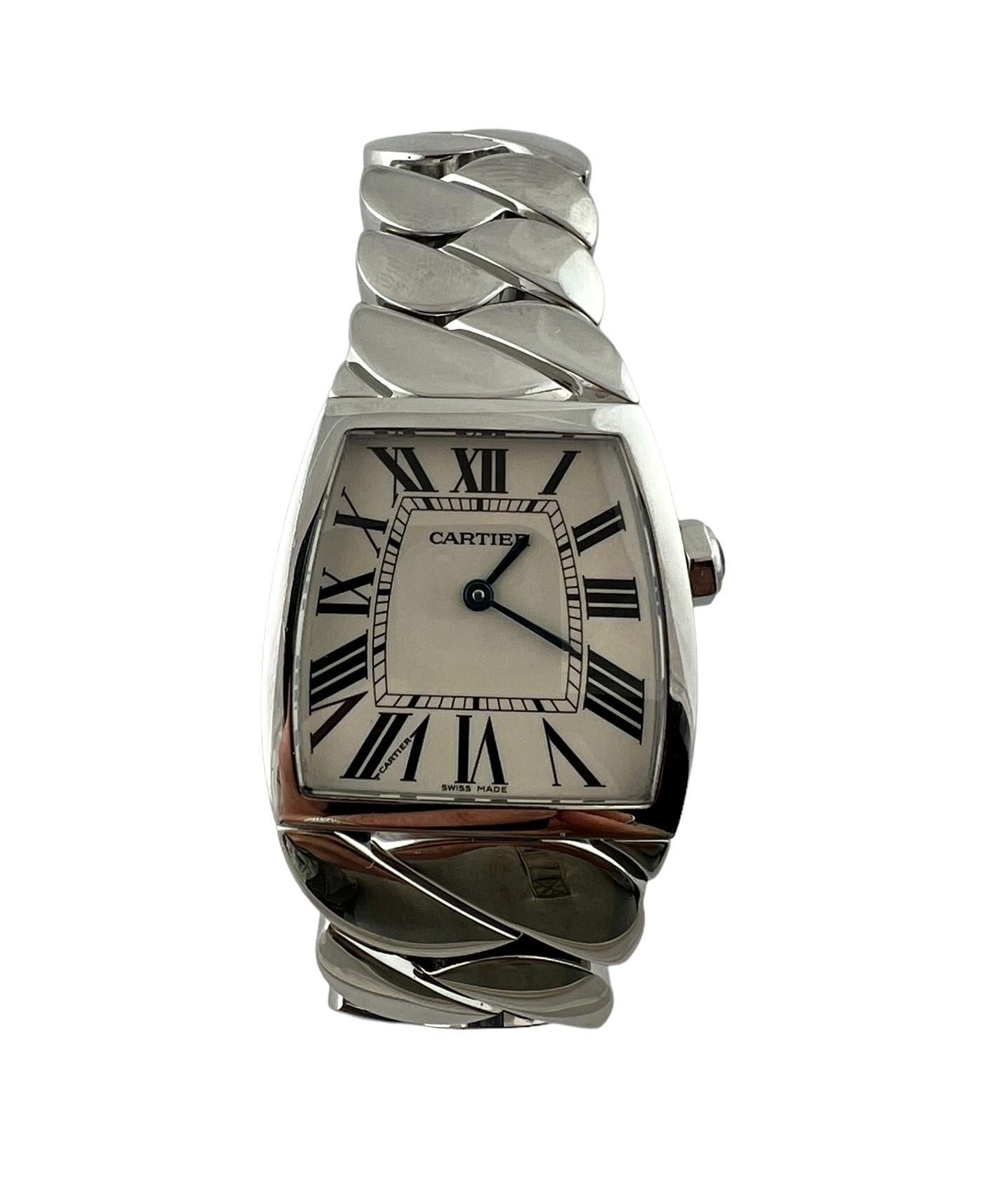 Cartier La Dona Ladies Watch

Model: 2835
Serial: 180106LX

Stainless steel case and band

Quartz movement

Case is approx. 28mm x 28mm (at widest)

White Roman Dial

Sapphire crown - some scratches to sapphire

Fits up to 6