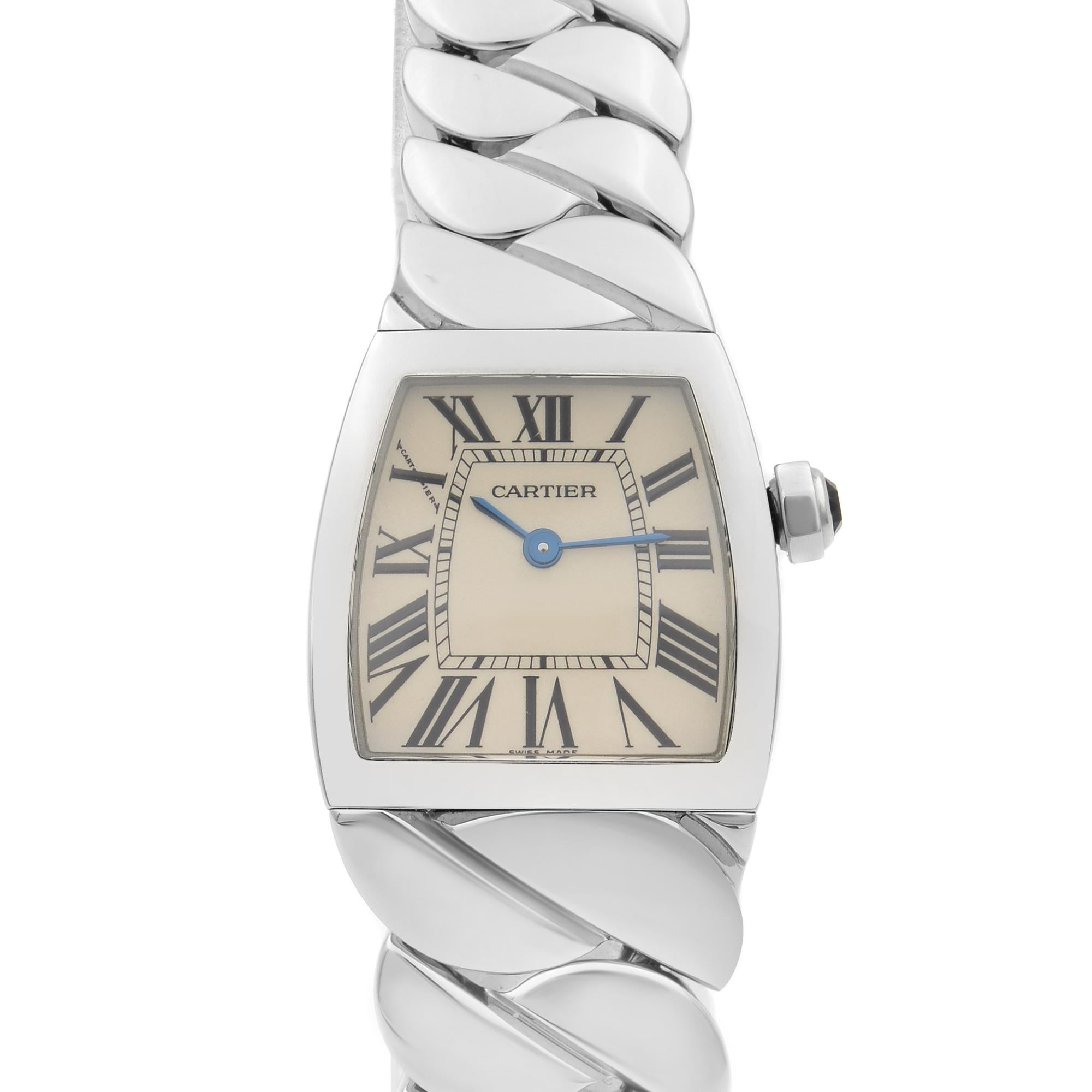 This pre-owned Cartier La Dona W660012I is a beautiful Ladie's timepiece that is powered by quartz (battery) movement which is cased in a stainless steel case. It has a rectangle shape face, no features dial and has hand roman numerals style