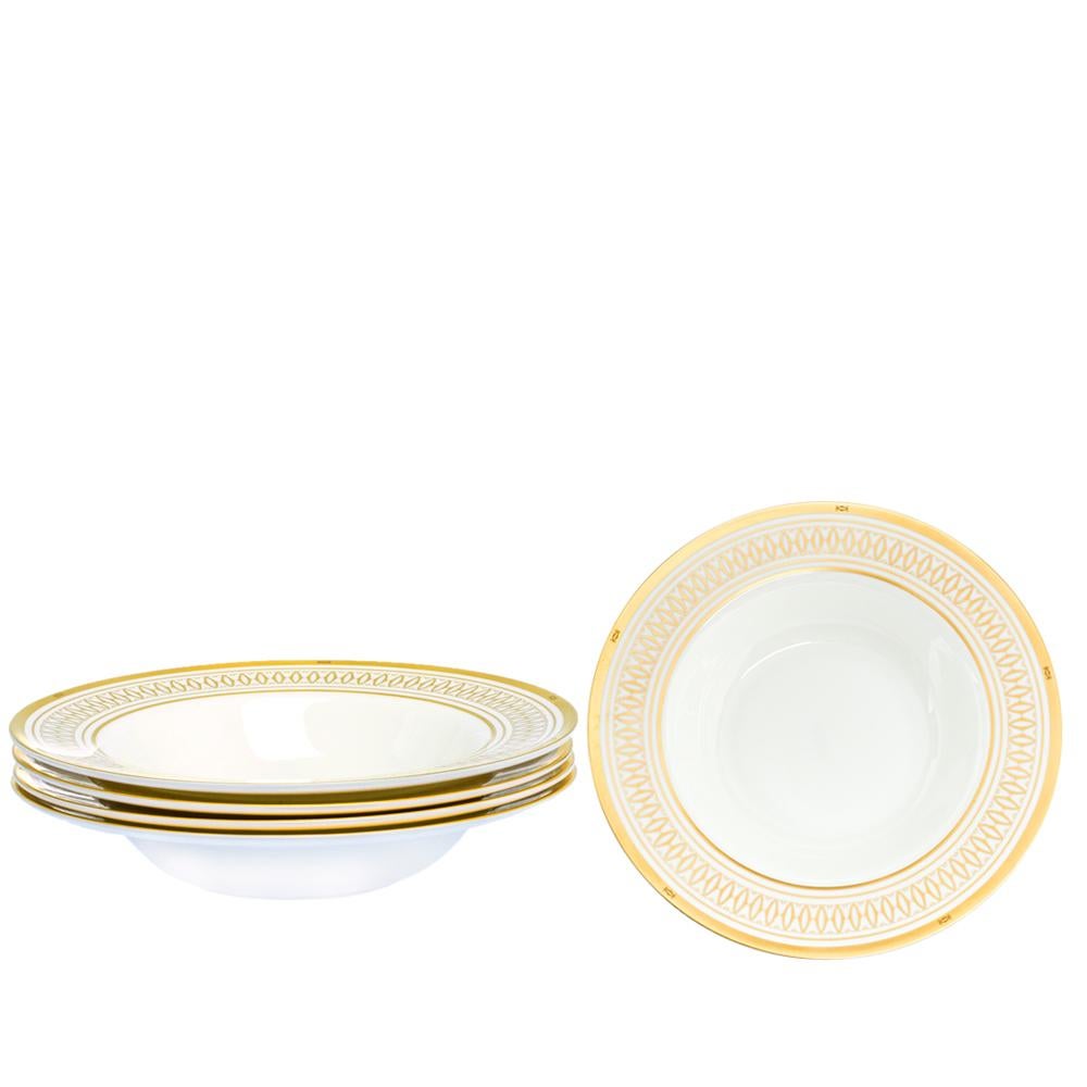 Finely crafted by skilled hands using porcelain, this set of five plates from Cartier is to add an exquisite touch to your tabletop. The design on them is a luxurious spread of signature motifs in a grand swirl of gold.

Includes:Original Dustbag,