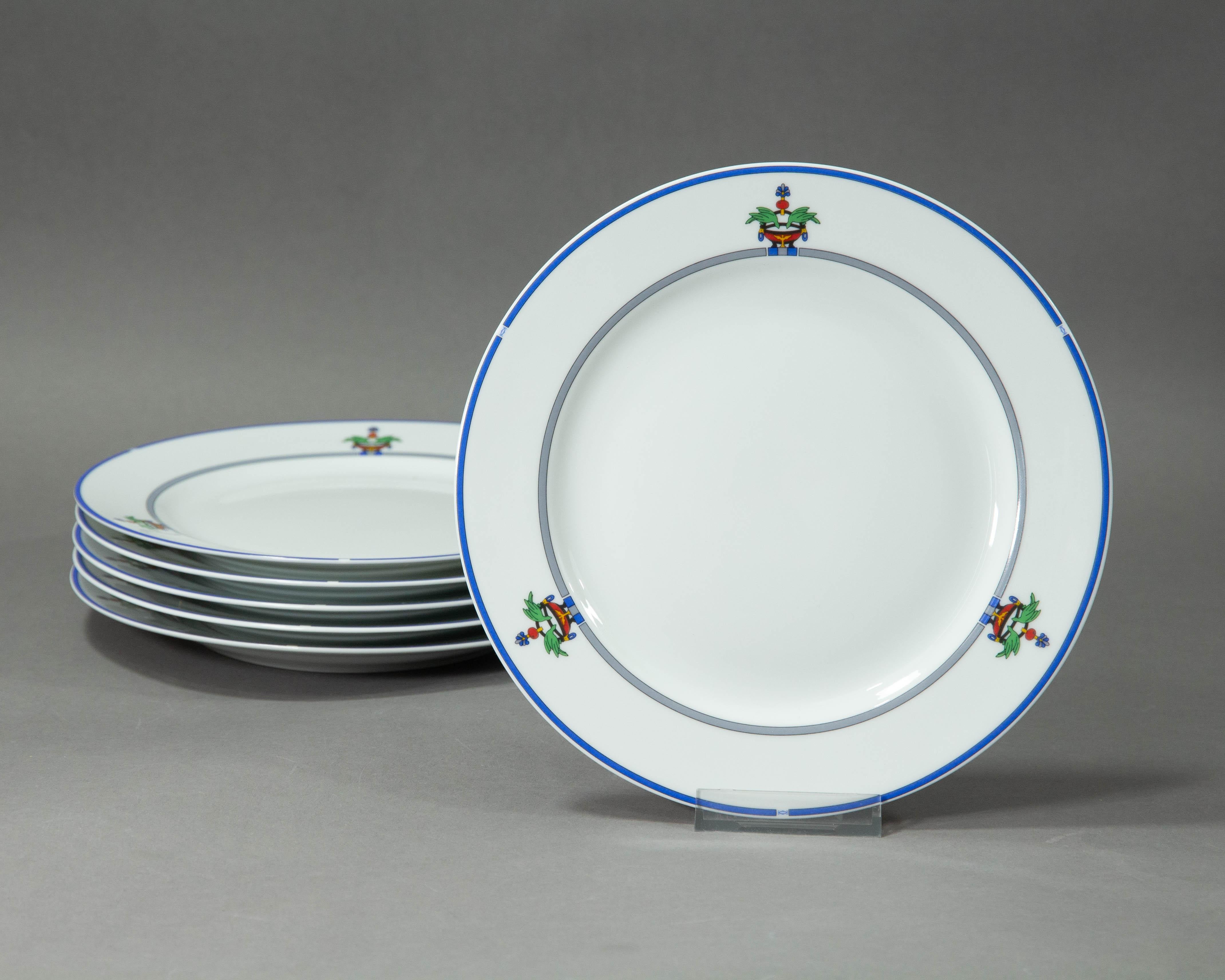 A Cartier Venetienne lunch plate.

The porcelain plate was made in Limoges for Cartier La Maison in 1989, the decoration is called 'Venetienne'.

The luxury jeweller and watchmaker Cartier made a range of high end housewares in the 1980s and