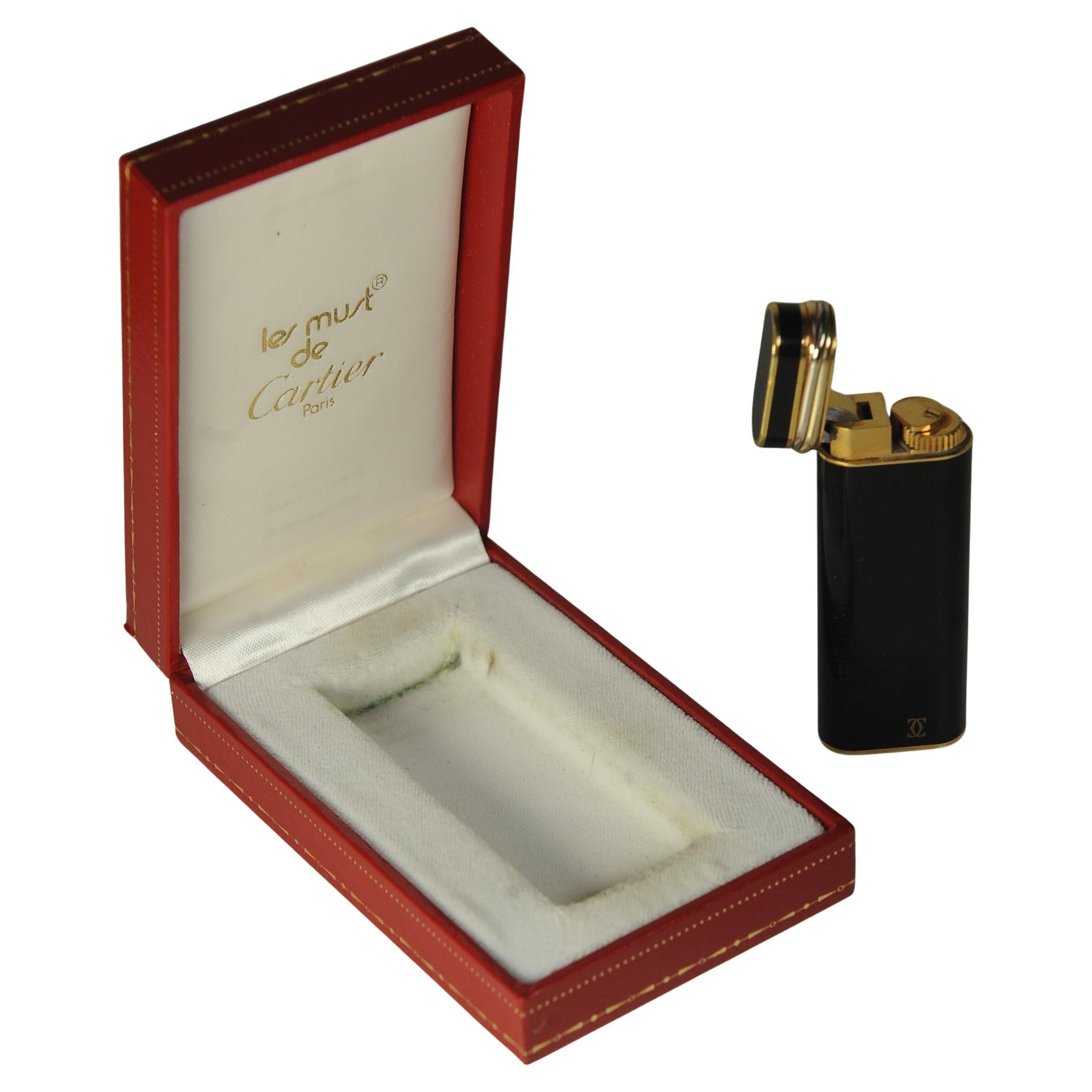 Art Deco Cartier Lacquer de Chine 18ct Gold Plate Trinity Cigarette Lighter With Box For Sale