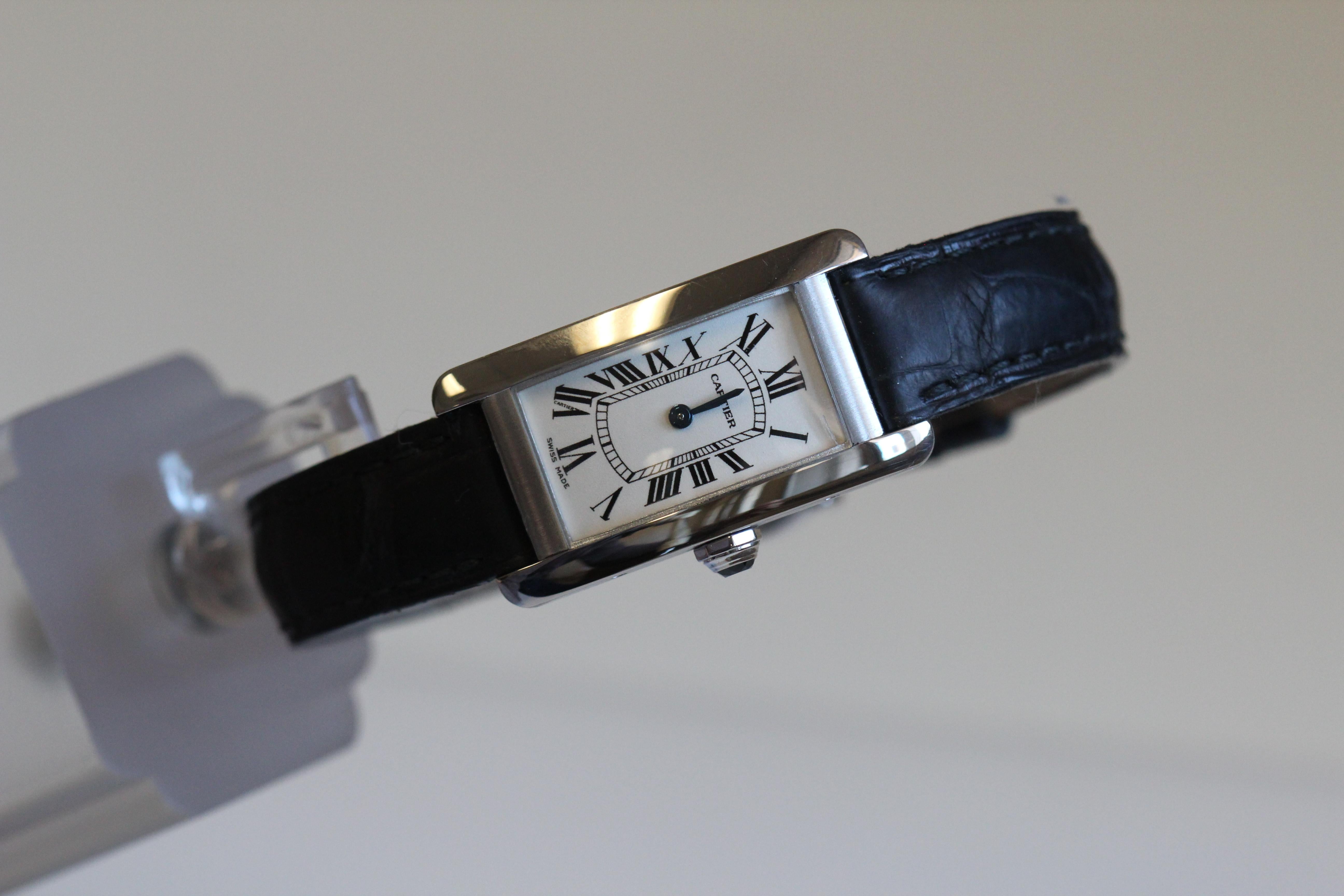 Selling a Mint! Condition 18k White Gold Ladies Tank Americaine W2601956 .


Model =   W2601965 

Comes With:
Original Cartier Box
Original Cartier Papers (Dated 2009)

Mesurements: Aprx. 19mm Width (not indluding crown) X 35mm Length.

It is in