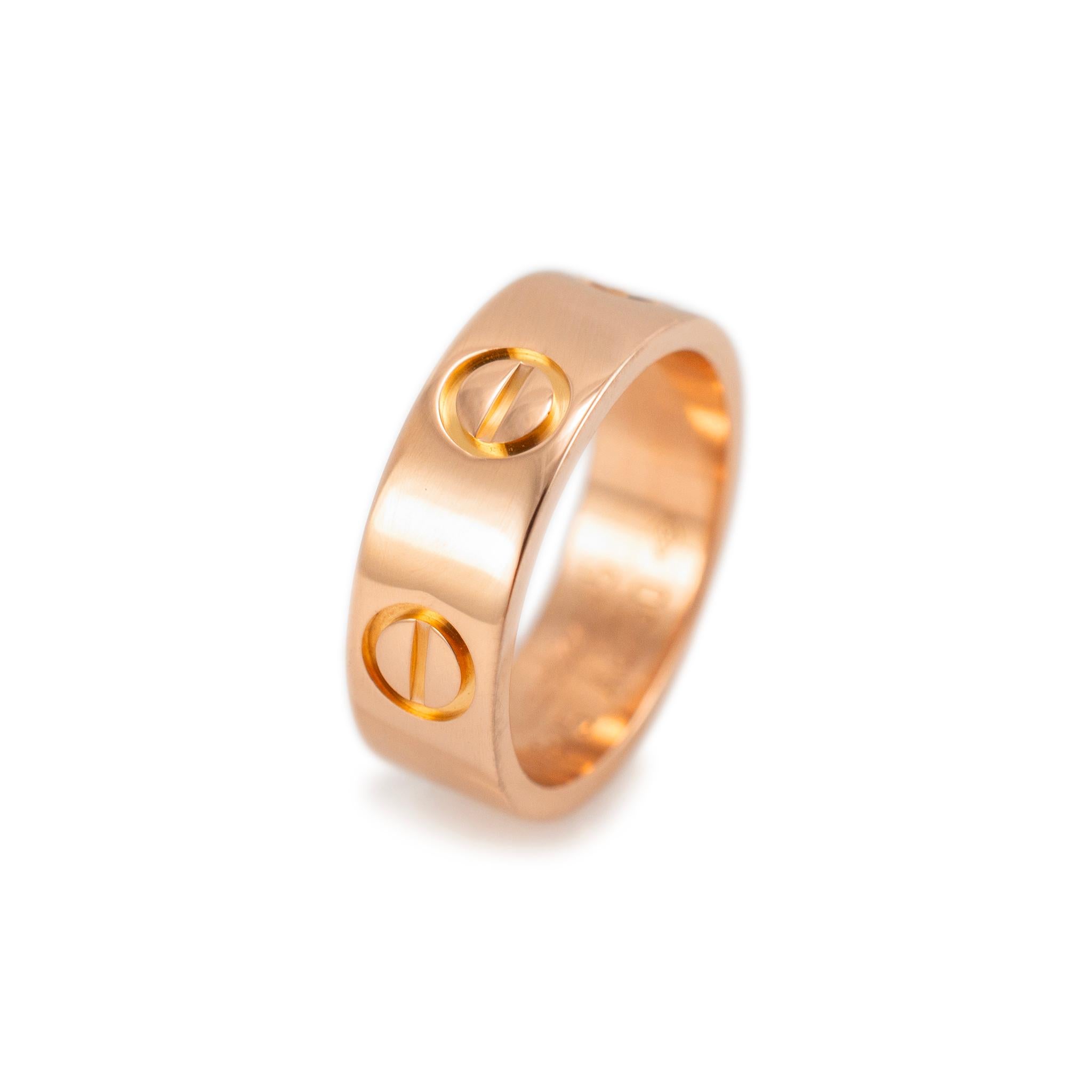 Cartier Ladies 18K Rose Gold Love Band Ring In Excellent Condition In Houston, TX