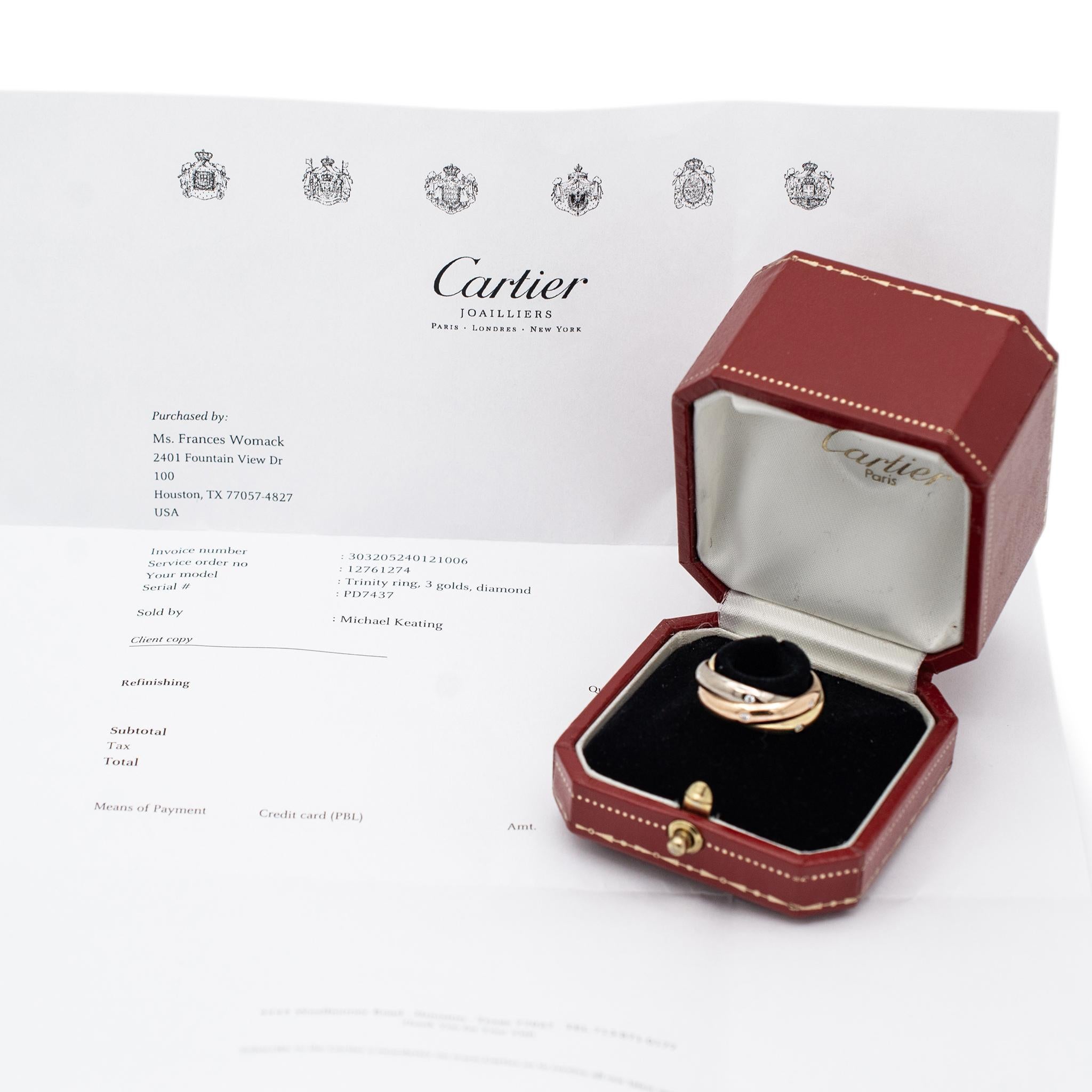 Cartier Ladies 18K Tri Color Trinity Diamond Band Ring In Excellent Condition For Sale In Houston, TX