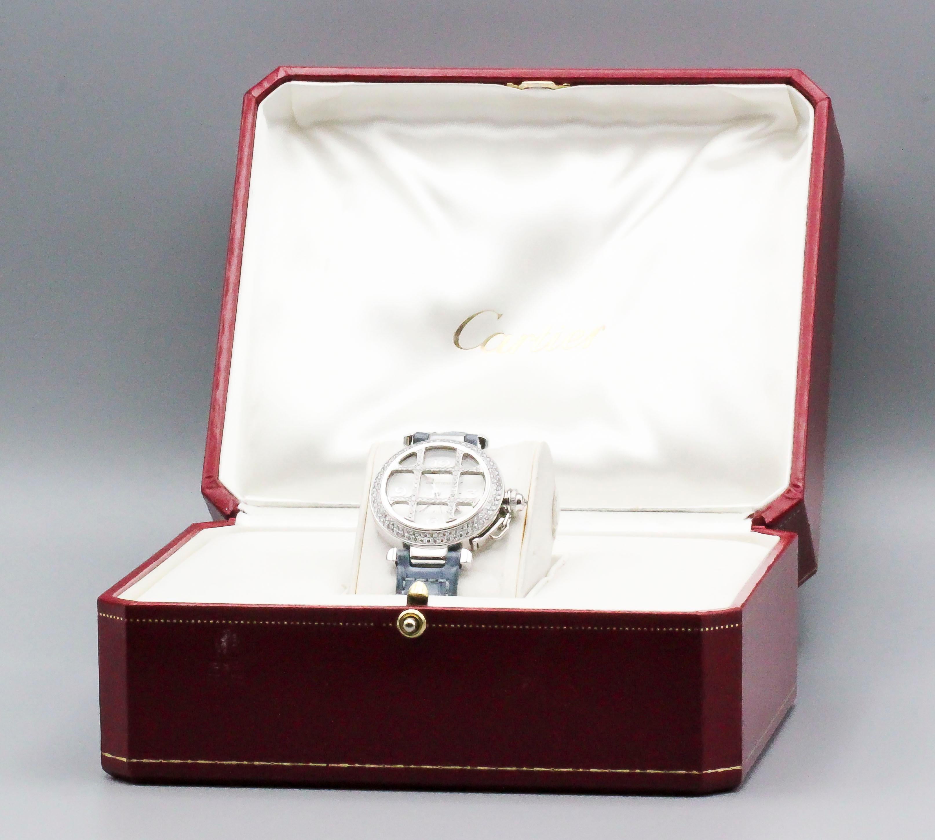 Cartier Ladies 18 Karat White Gold Diamond Grille Pasha Automatic Wristwatch 1