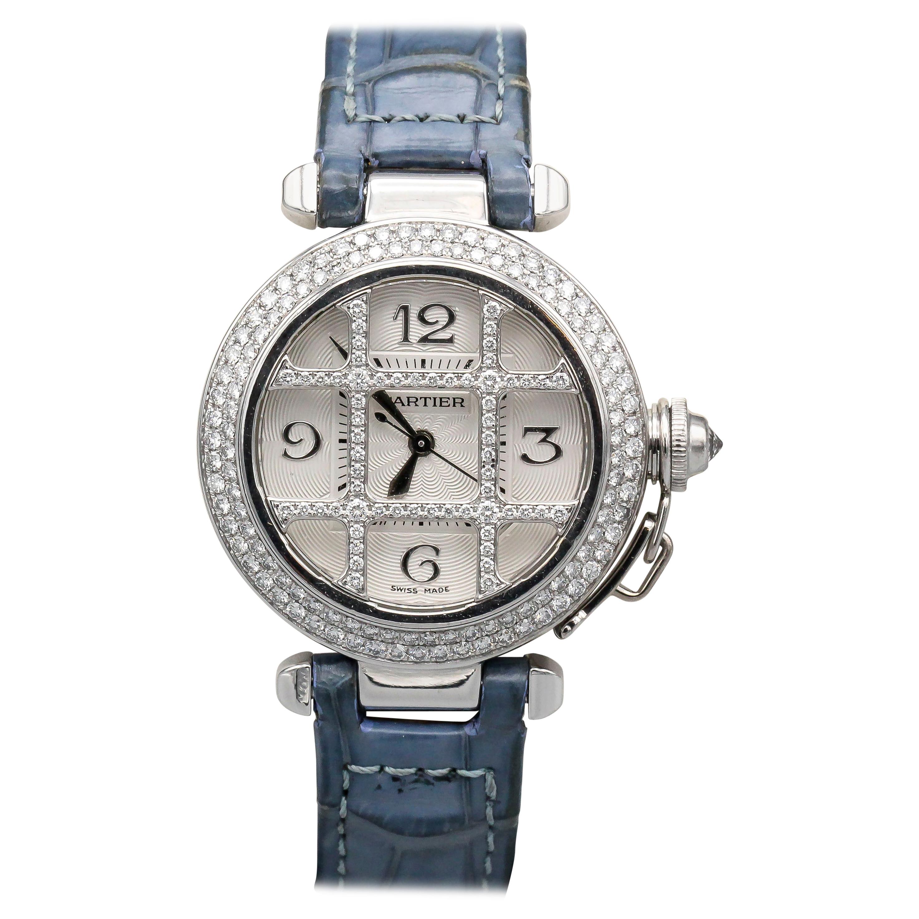 Cartier Ladies 18 Karat White Gold Diamond Grille Pasha Automatic Wristwatch