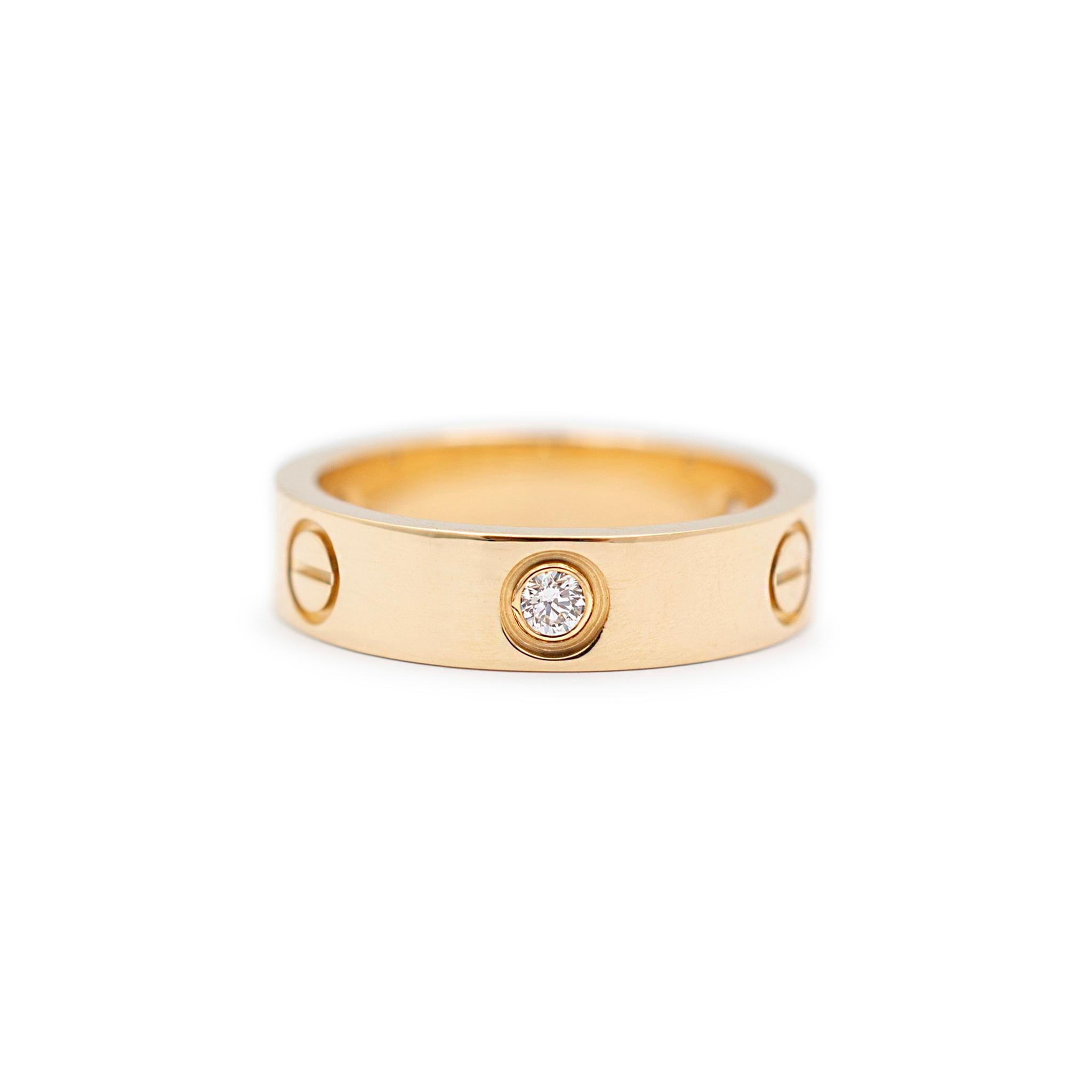 Brand: Cartier 

Gender: Ladies

Metal Type: Yellow Gold

Ring Size: 8

Width: 5.50 mm

Weight: 8.93 grams

One ladies designer made polished 18K yellow gold, diamond band with a soft-square shank. The metal was tested and determined to be 18K
