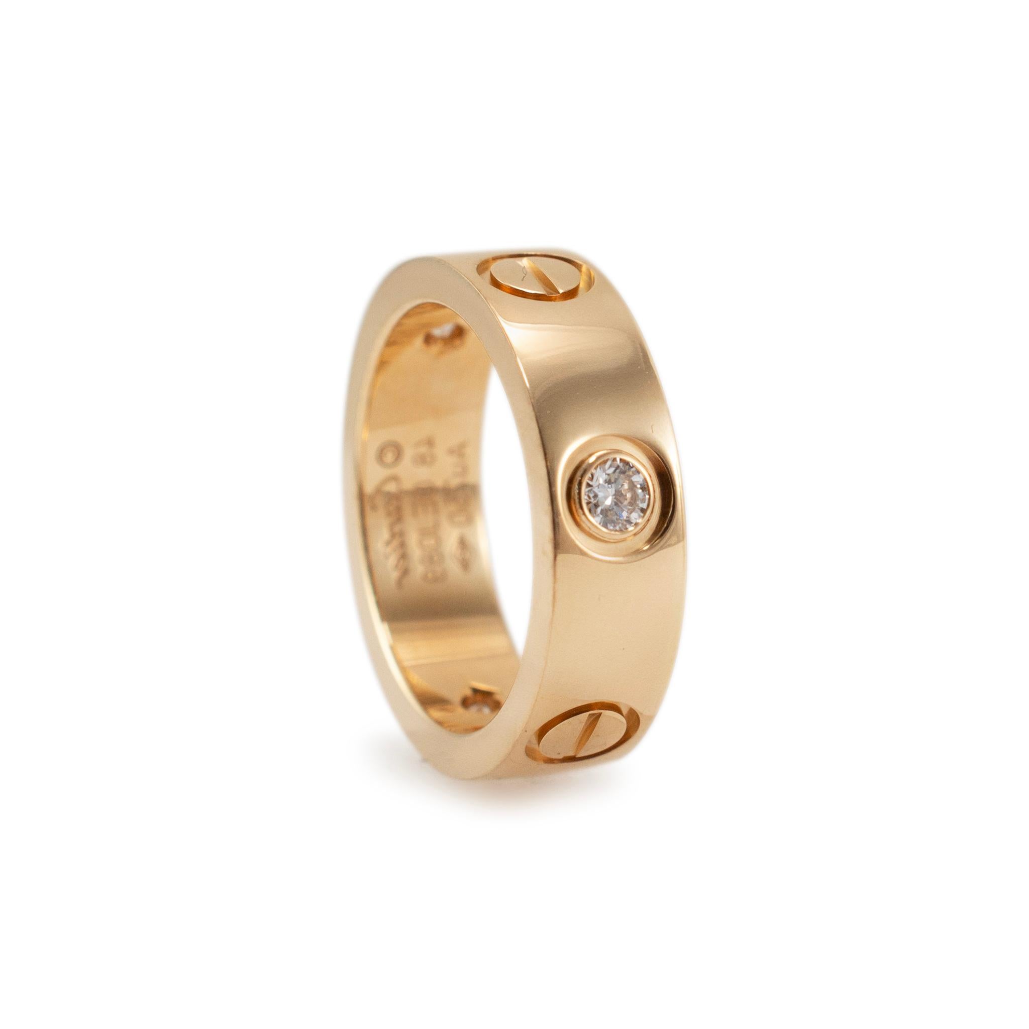 Cartier Ladies 18K Yellow Gold 3 Diamond Love Band Ring In Excellent Condition For Sale In Houston, TX