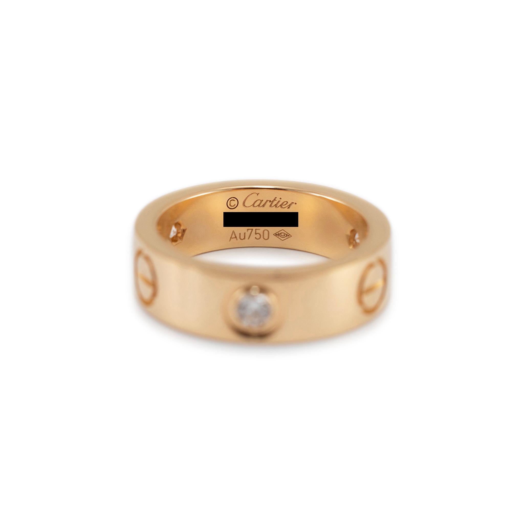Women's Cartier Ladies 18K Yellow Gold 3 Diamond Love Band Ring For Sale