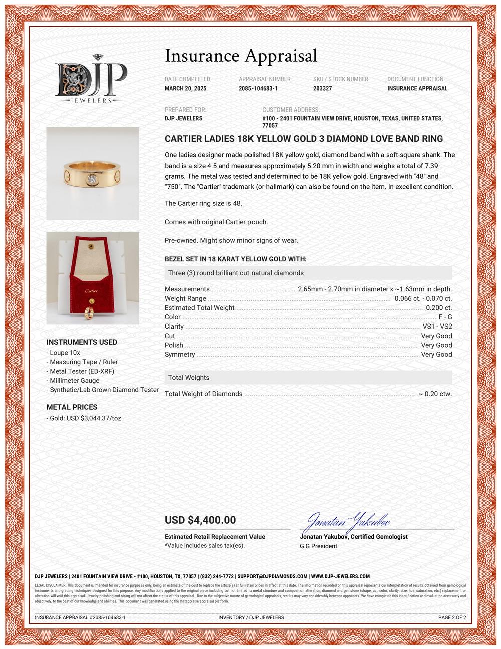 Cartier Ladies 18K Yellow Gold 3 Diamond Love Band Ring For Sale 3