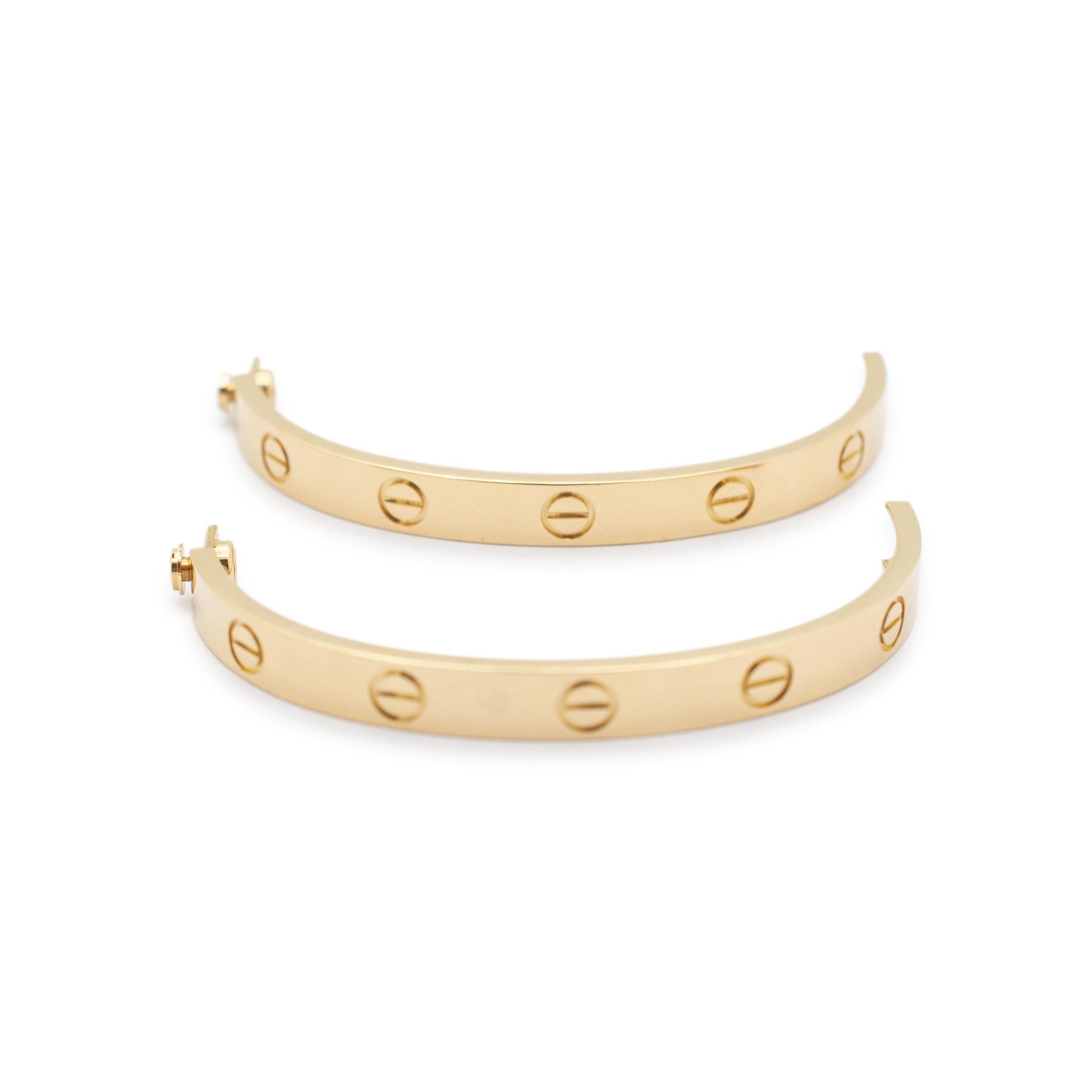 Brand: Cartier 

Gender: Ladies 

Metal Type: 18K Yellow Gold

Length: 5.75 inches

Cartier size: 16

Width: 6.10 mm 

Weight: 30.20 grams

18K yellow gold bangle bracelet. The metal was tested and determined to be 18K yellow gold. Engraved with