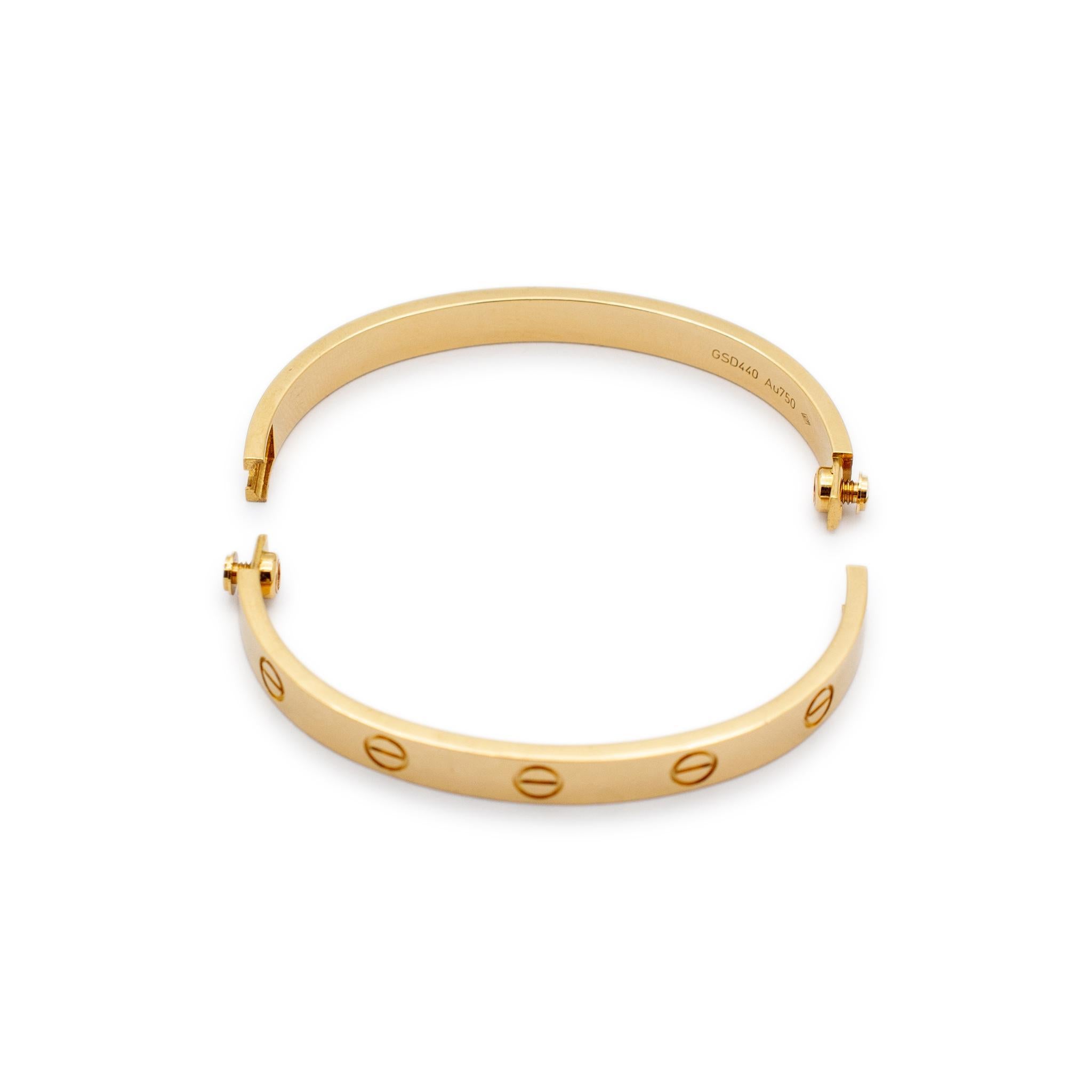 Cartier Ladies 18K Yellow Gold Love Bangle Bracelet In Excellent Condition In Houston, TX
