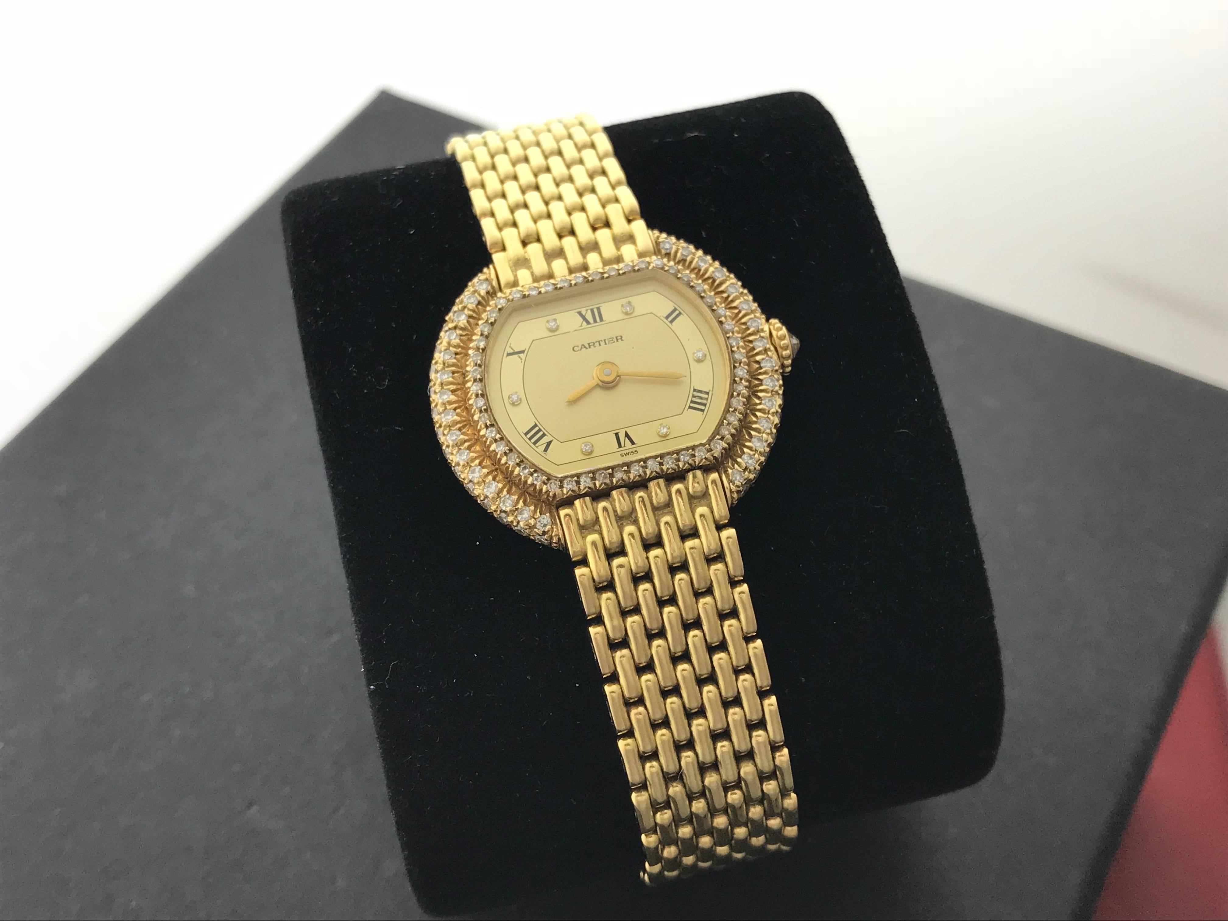 Contemporary Cartier Ladies 18k Yellow Gold Manual Wind Wristwatch with Diamonds For Sale