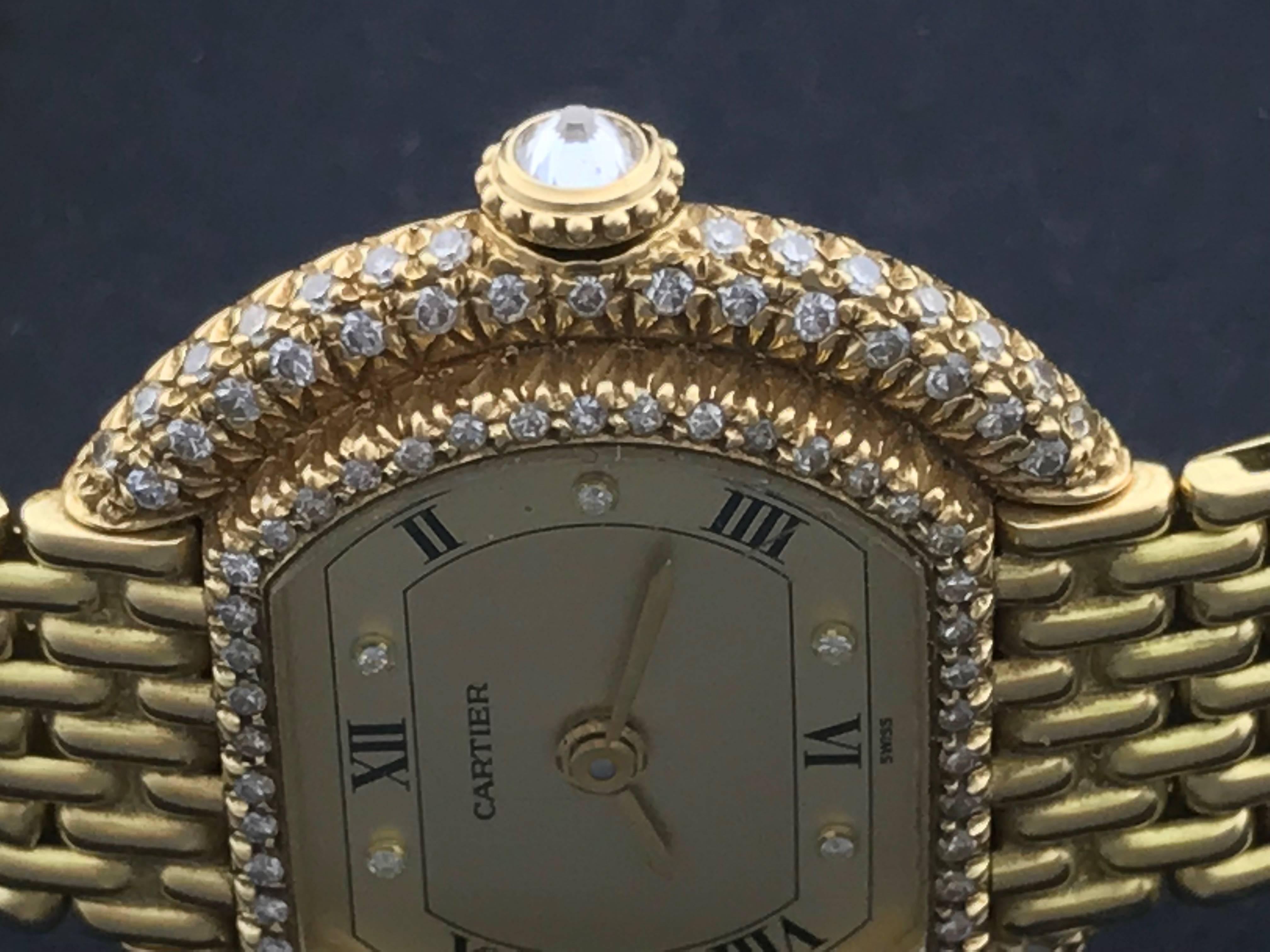 Cartier Ladies 18k Yellow Gold Manual Wind Wristwatch with Diamonds In Excellent Condition For Sale In Dallas, TX