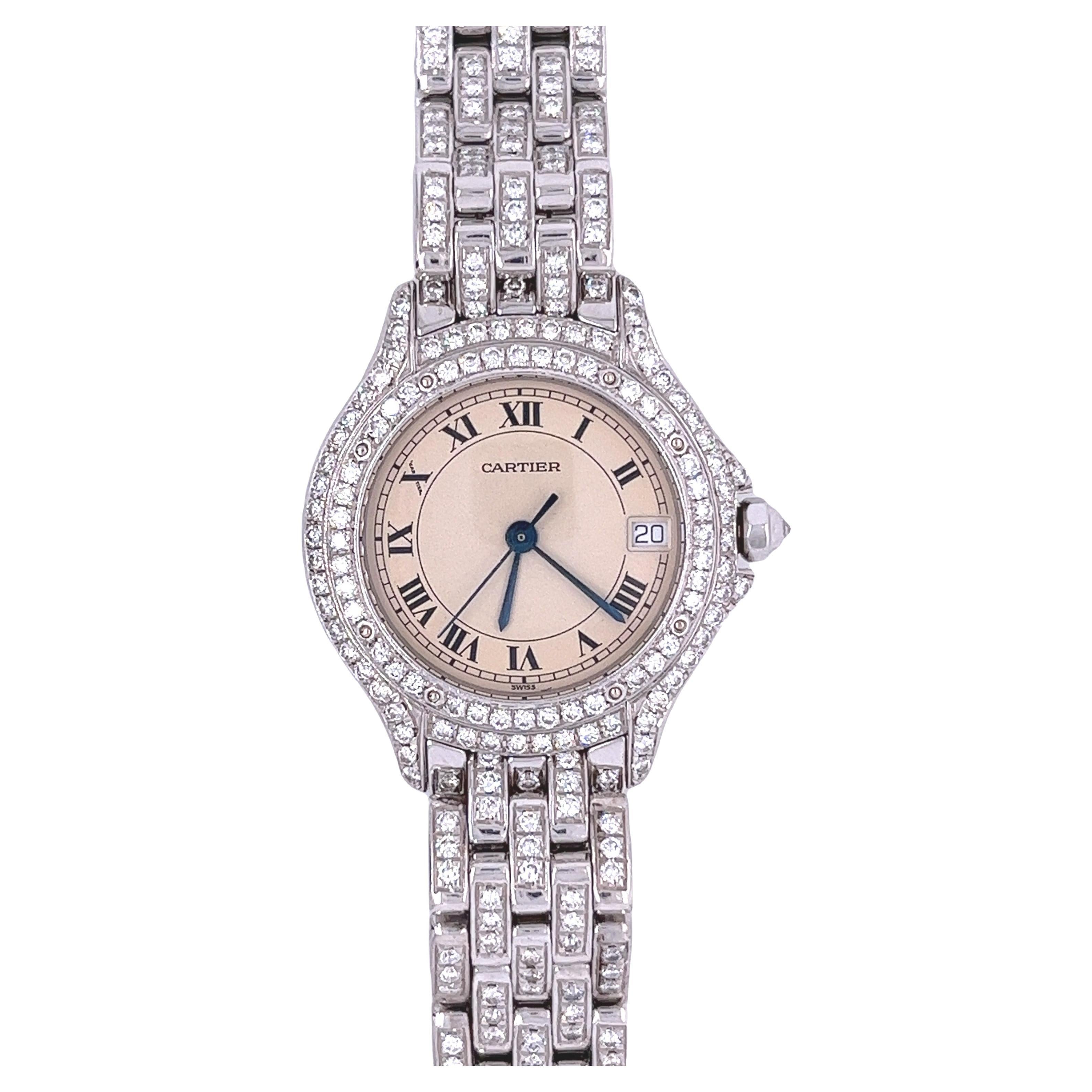 Cartier Ladies Watch in 18k White Gold and Round Cut Diamonds For Sale