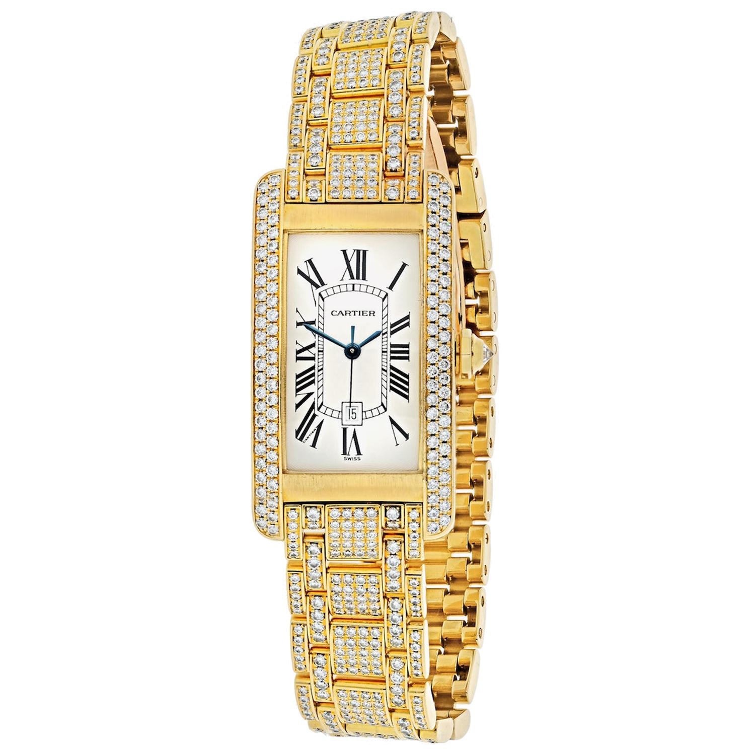 Cartier Ladies Diamond Wristwatch 18 Karat Yellow Gold Diamond Tank Americaine